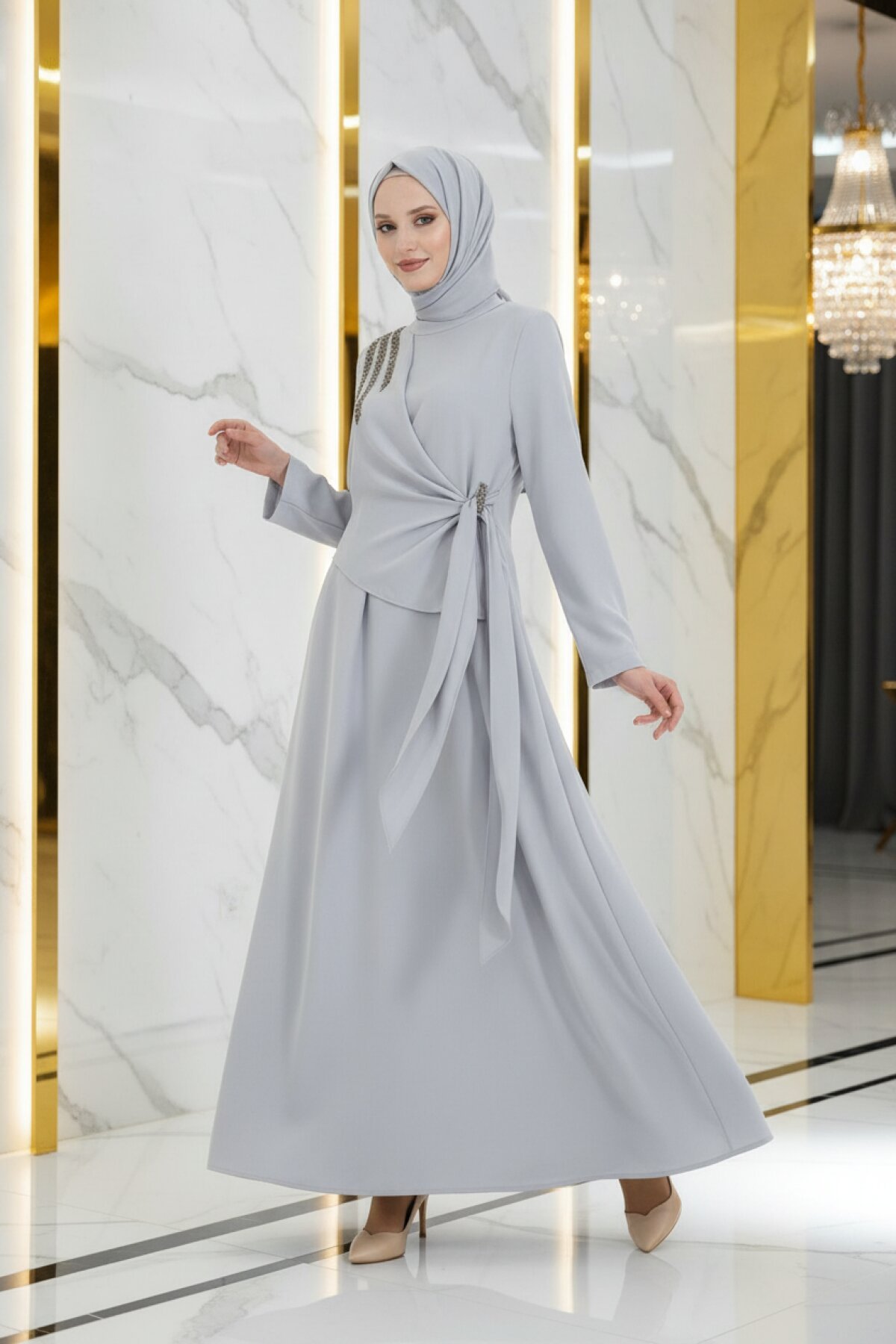 Gri Kum Krep Taşlı Abiye Elbise - Beyza