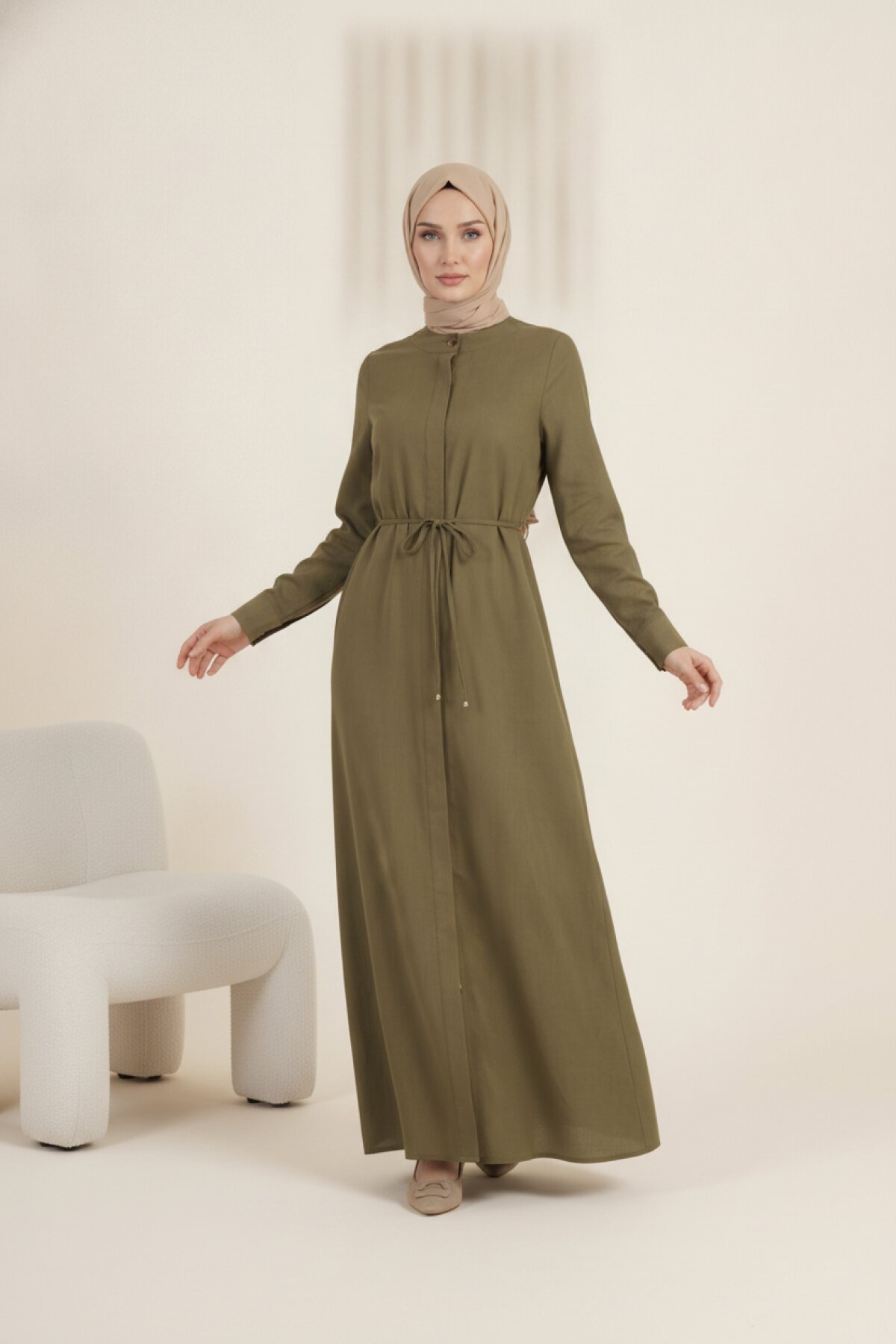 Linen Lace-up Abaya - Khaki - Beyza
