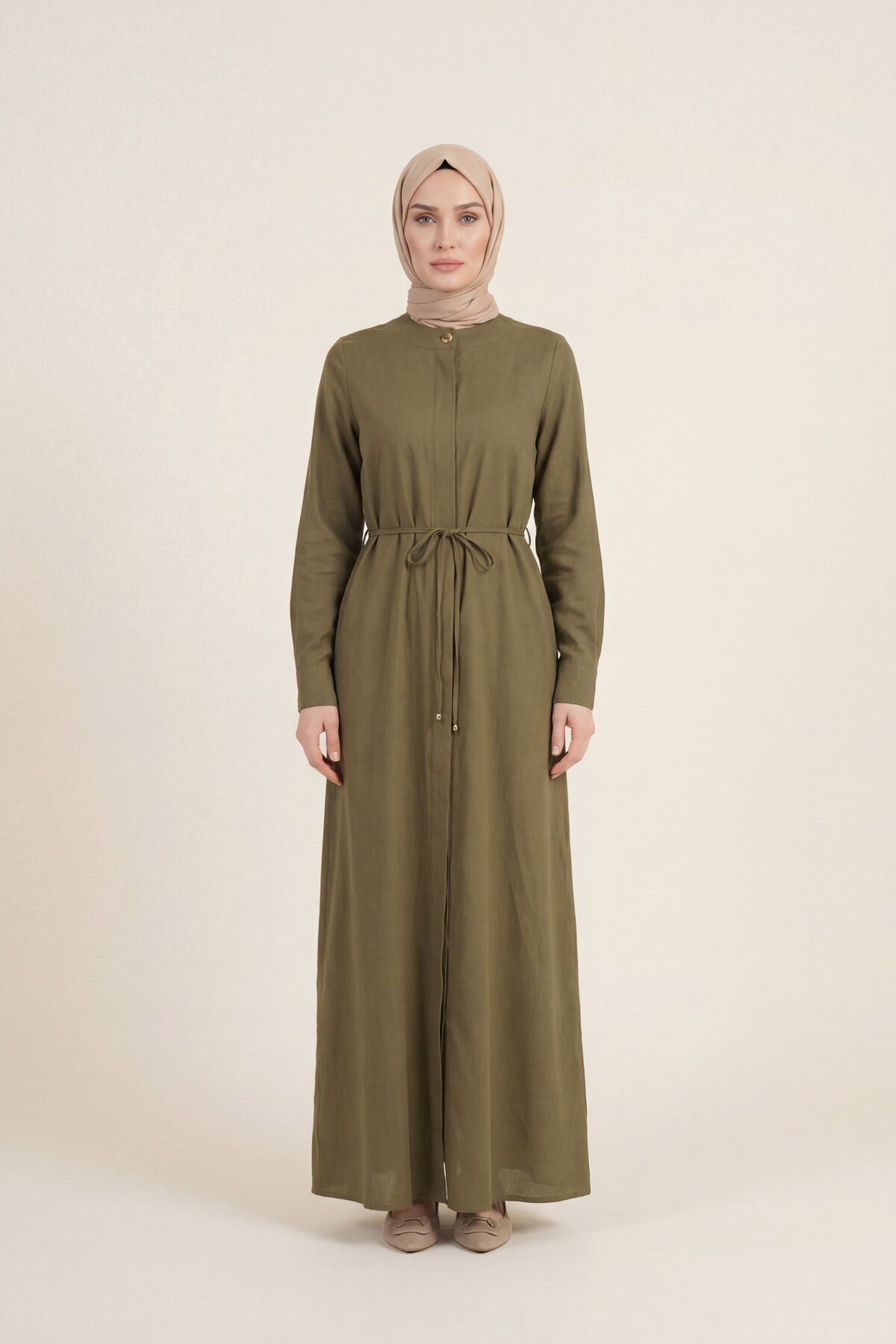 Linen Lace-up Abaya - Khaki - Beyza