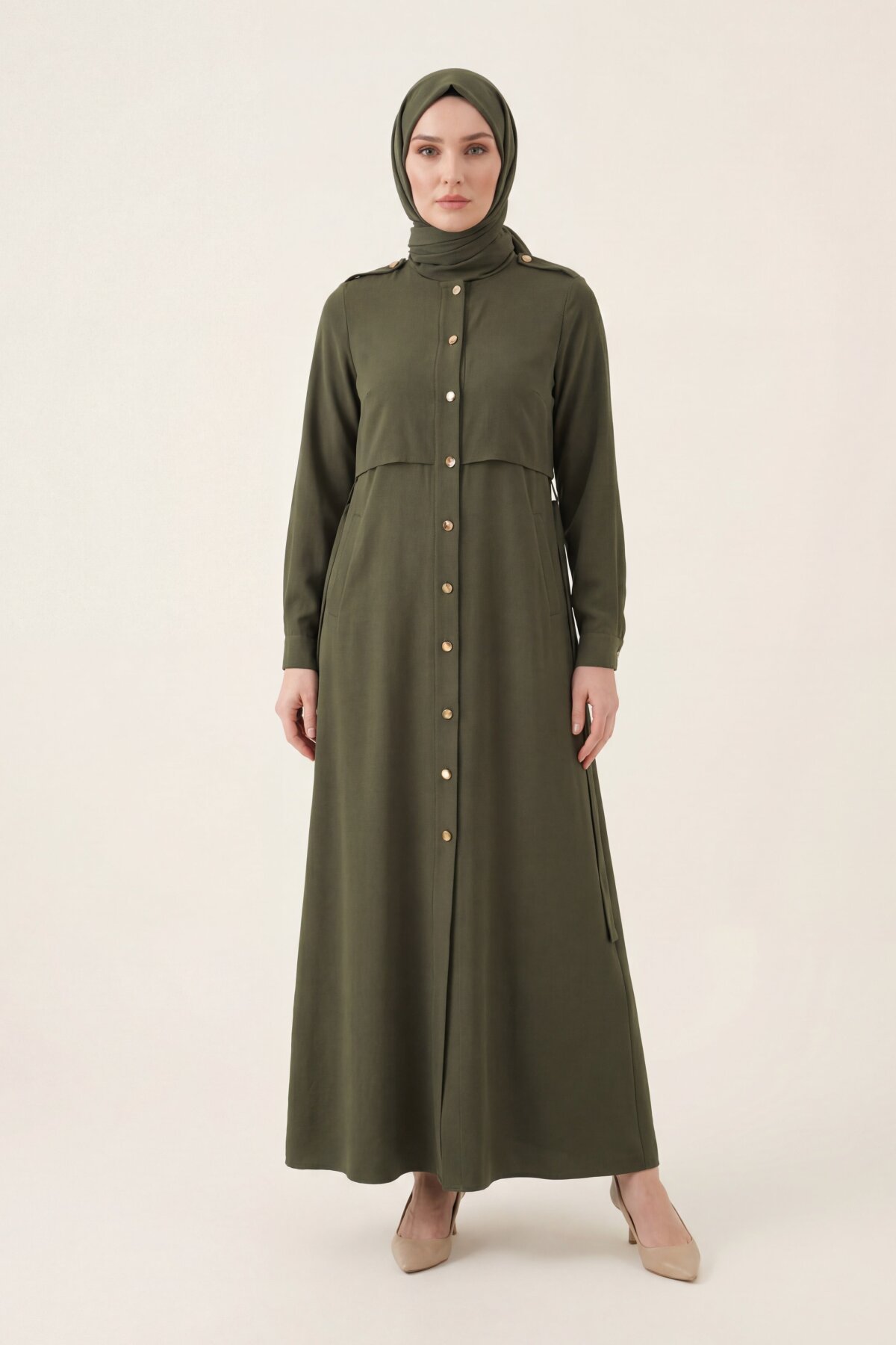 Trench Coat Style Modest Ferace - Khaki - Beyza