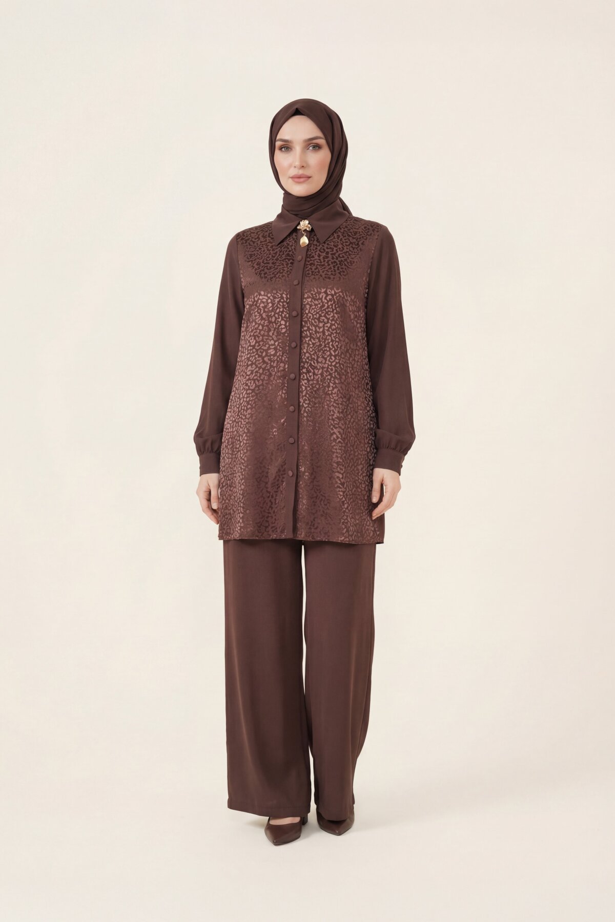 Rayon Two-Piece Set - Brown - Beyza