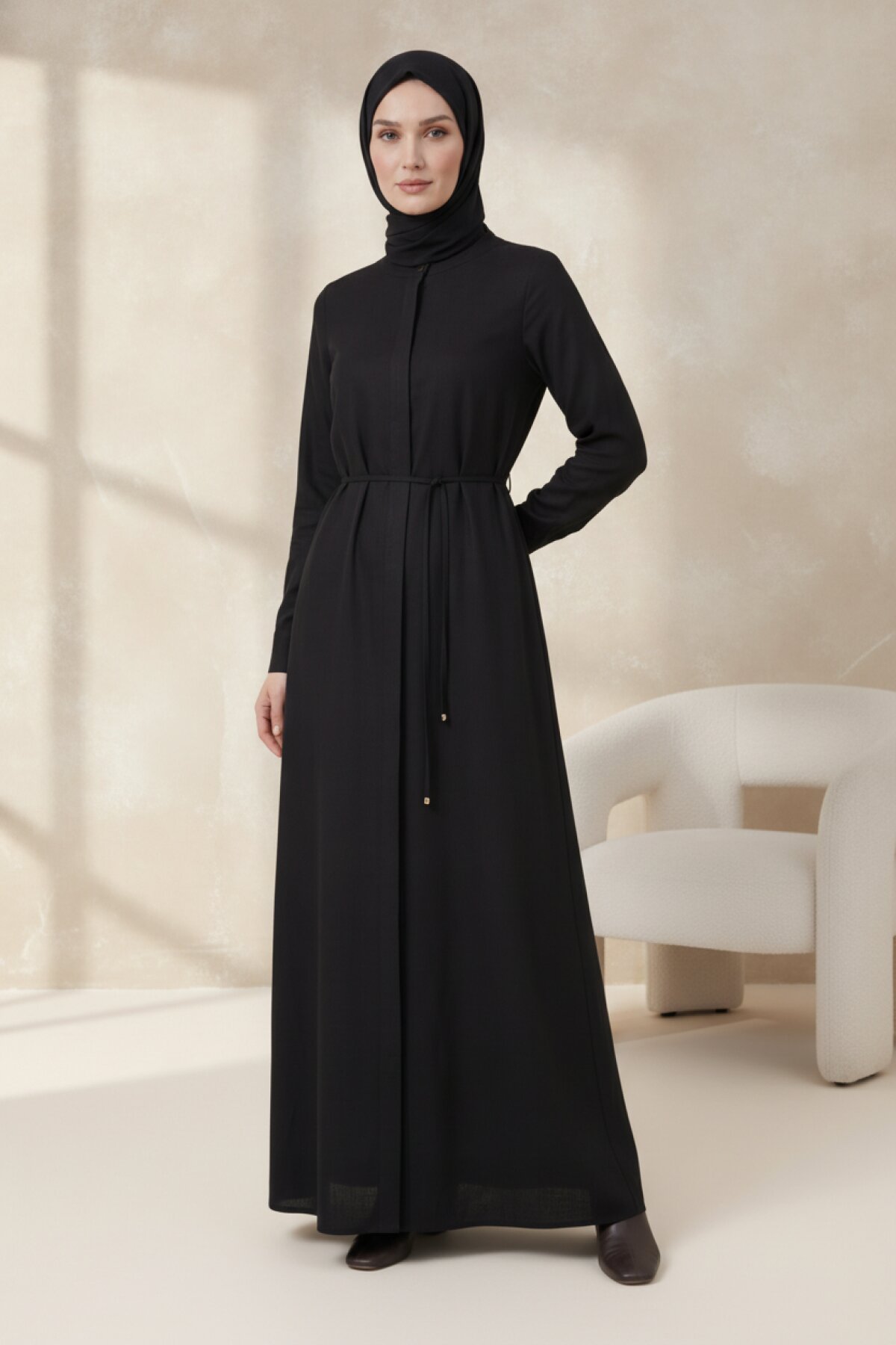 Linen Lace-up Abaya - Black - Beyza