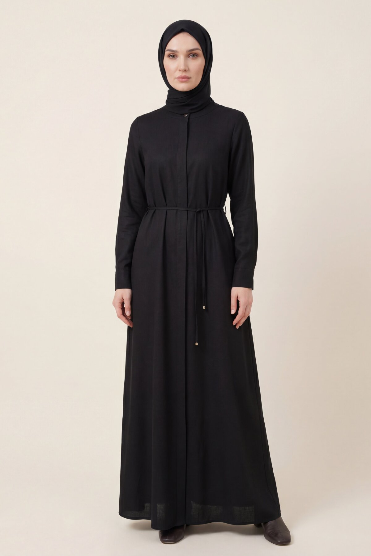 Linen Lace-up Abaya - Black - Beyza