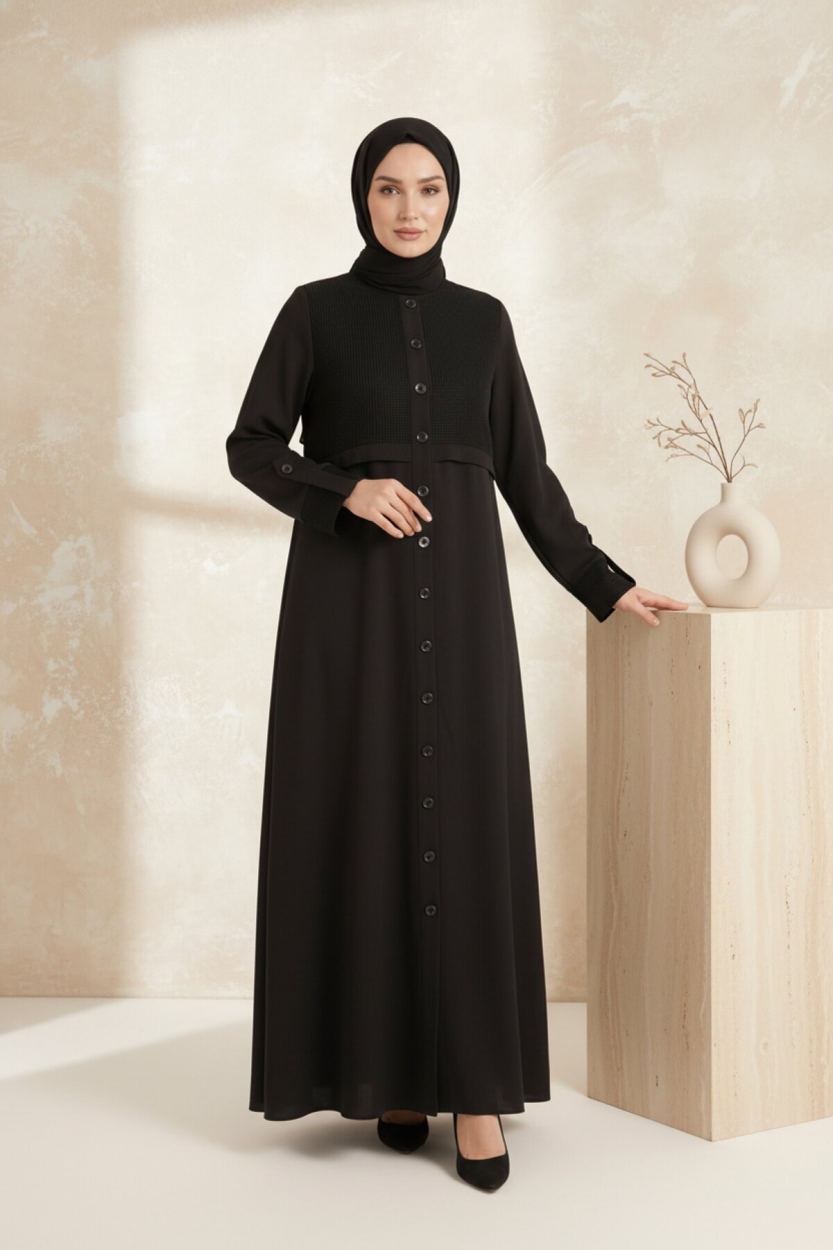 Mesh-Detail Modest Abaya - Black - Beyza