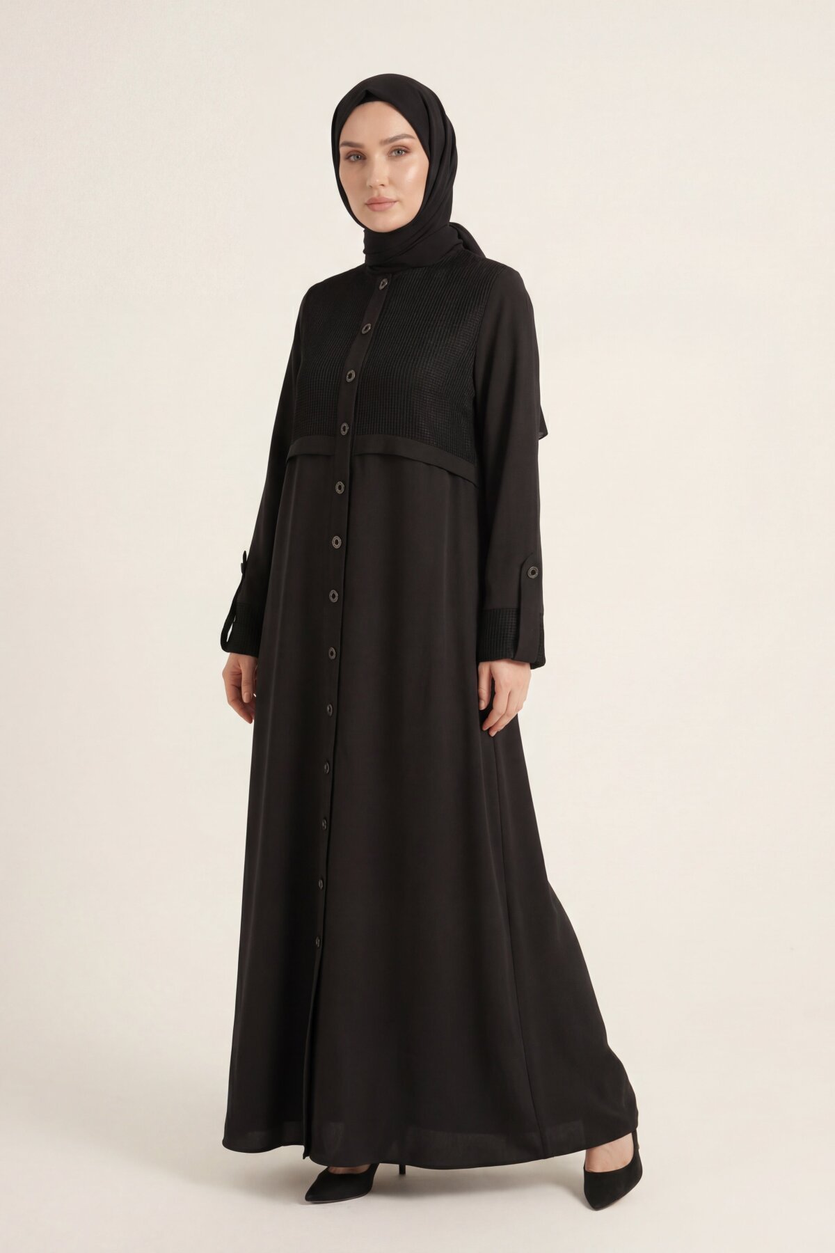 Mesh-Detail Modest Abaya - Black - Beyza