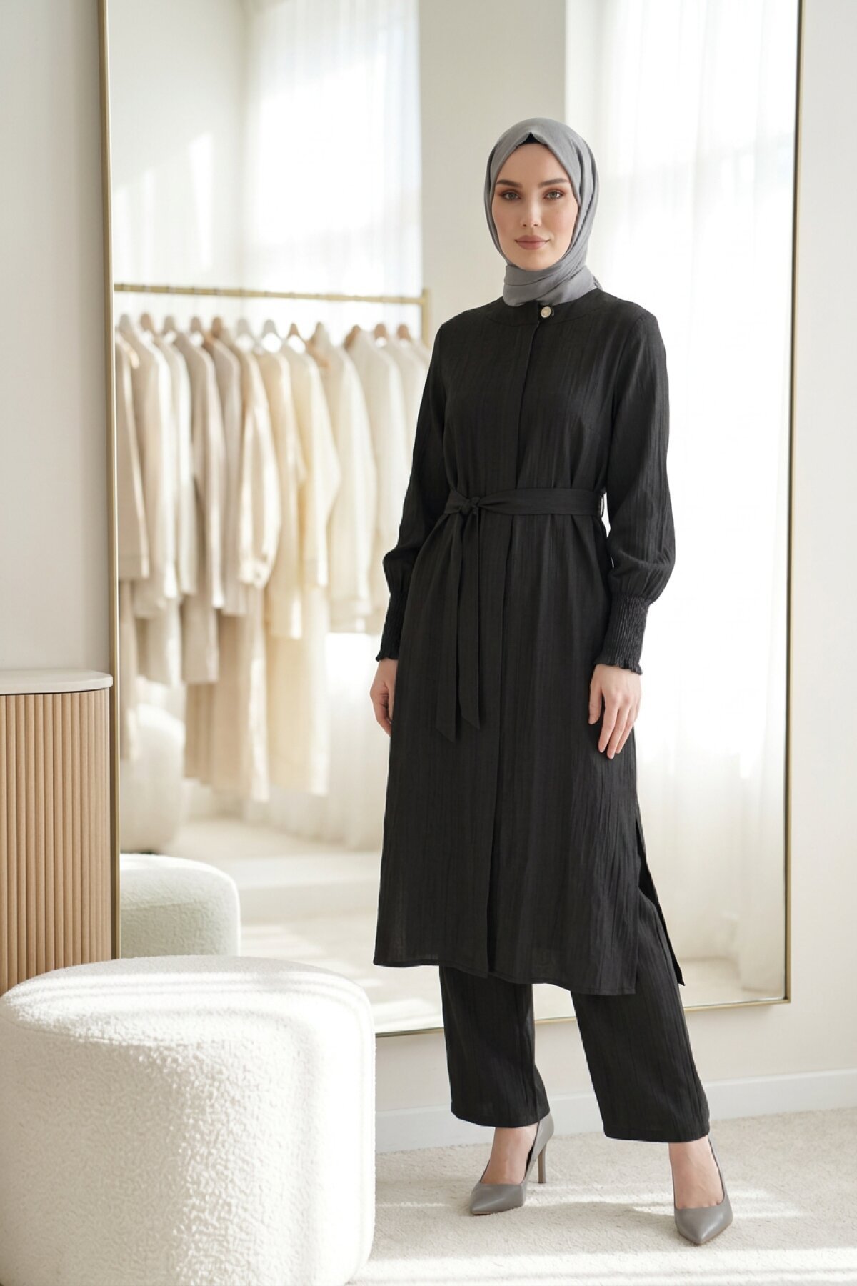 Two-Piece Smocked Modest Set - Black - Beyza