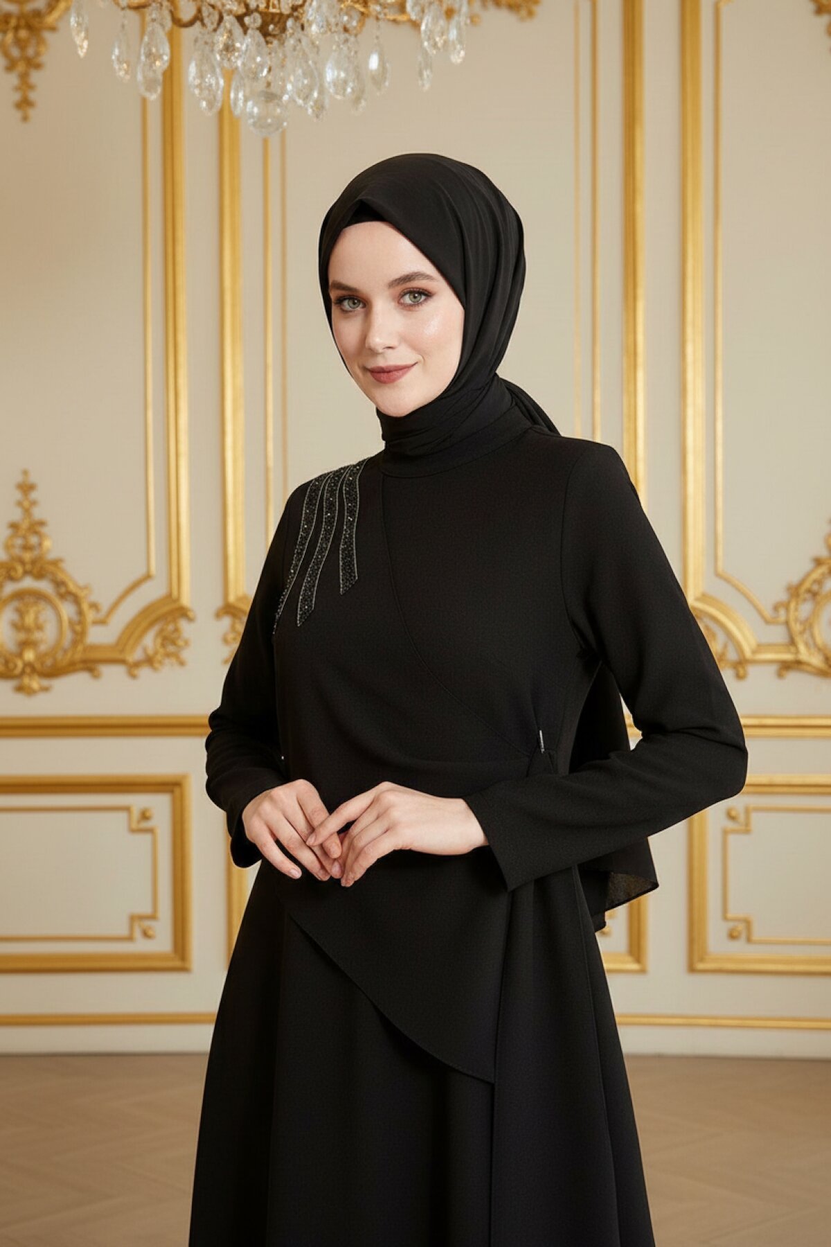 Siyah Kum Krep Sonay Taşlı Abiye Elbise - Beyza