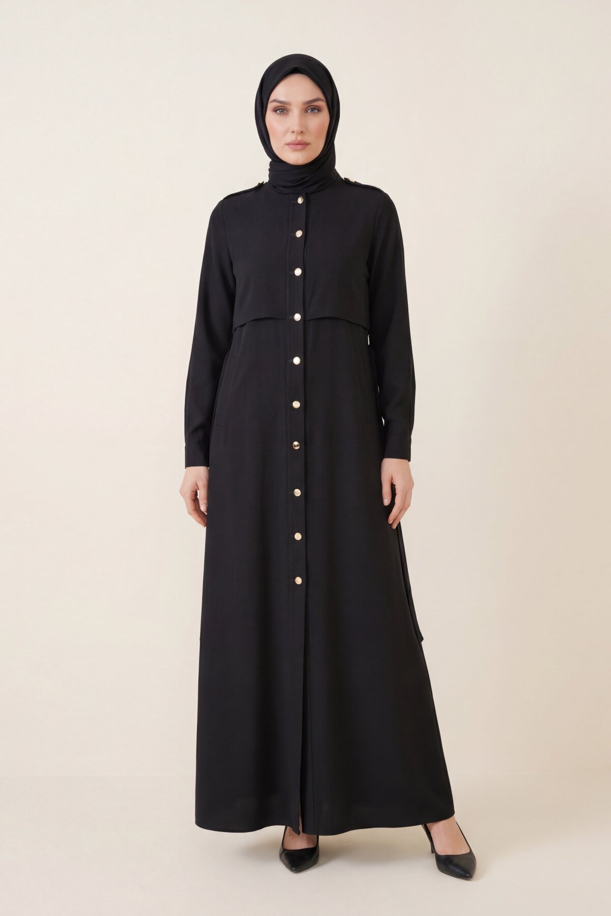 Trench Coat Style Abaya - Black - Beyza