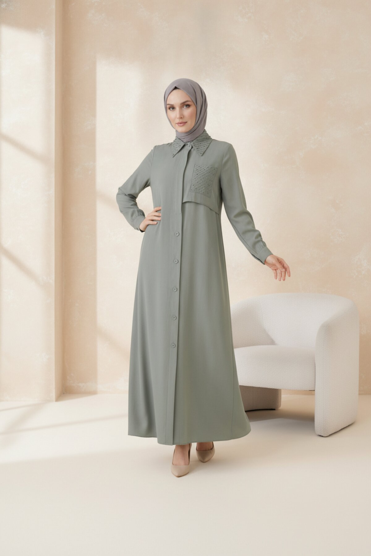 Yeşil Boncuk Nakışlı Ferace - Beyza