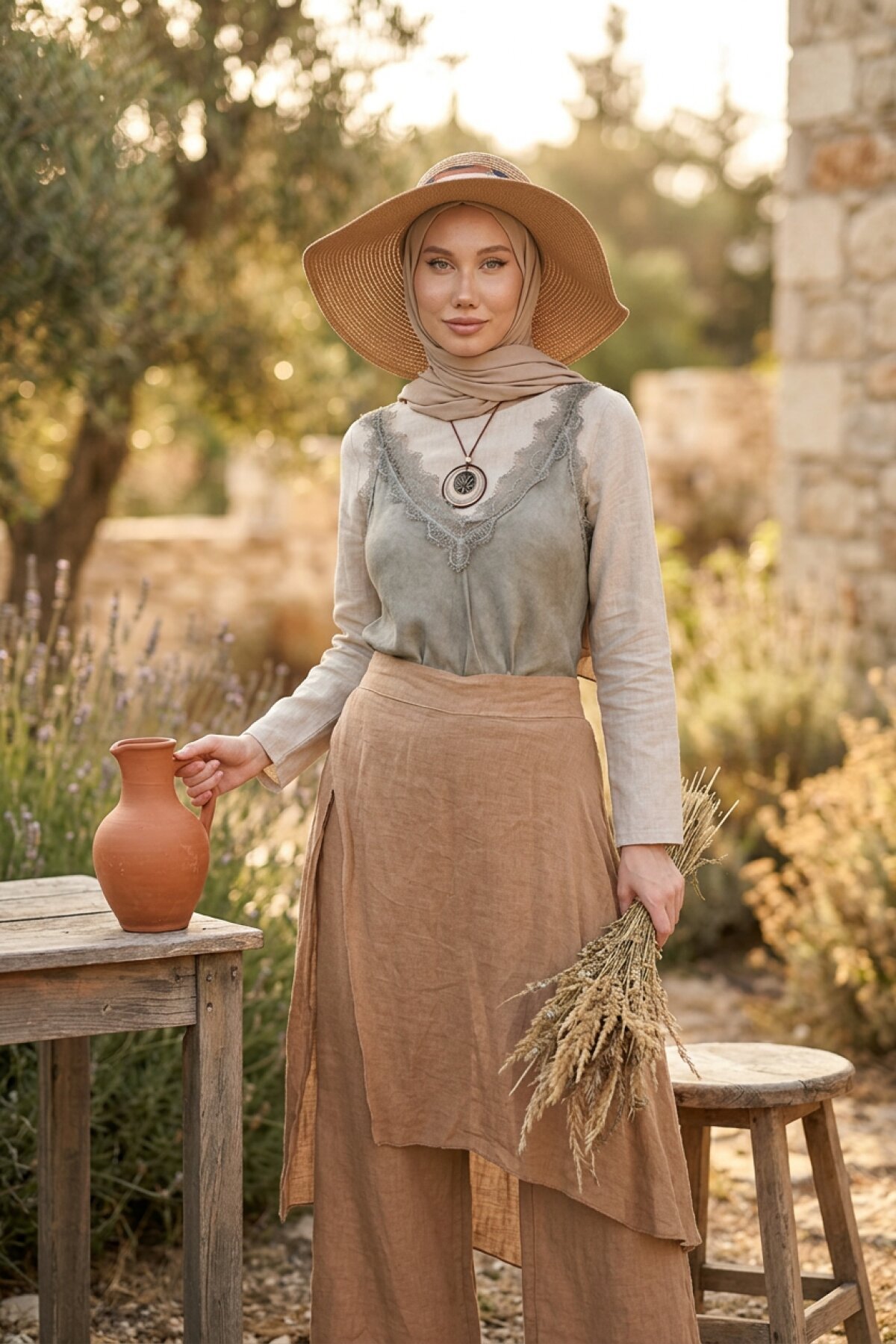 Camel İtalyan Ham Keten Pantolon Etek - Bohem Stil