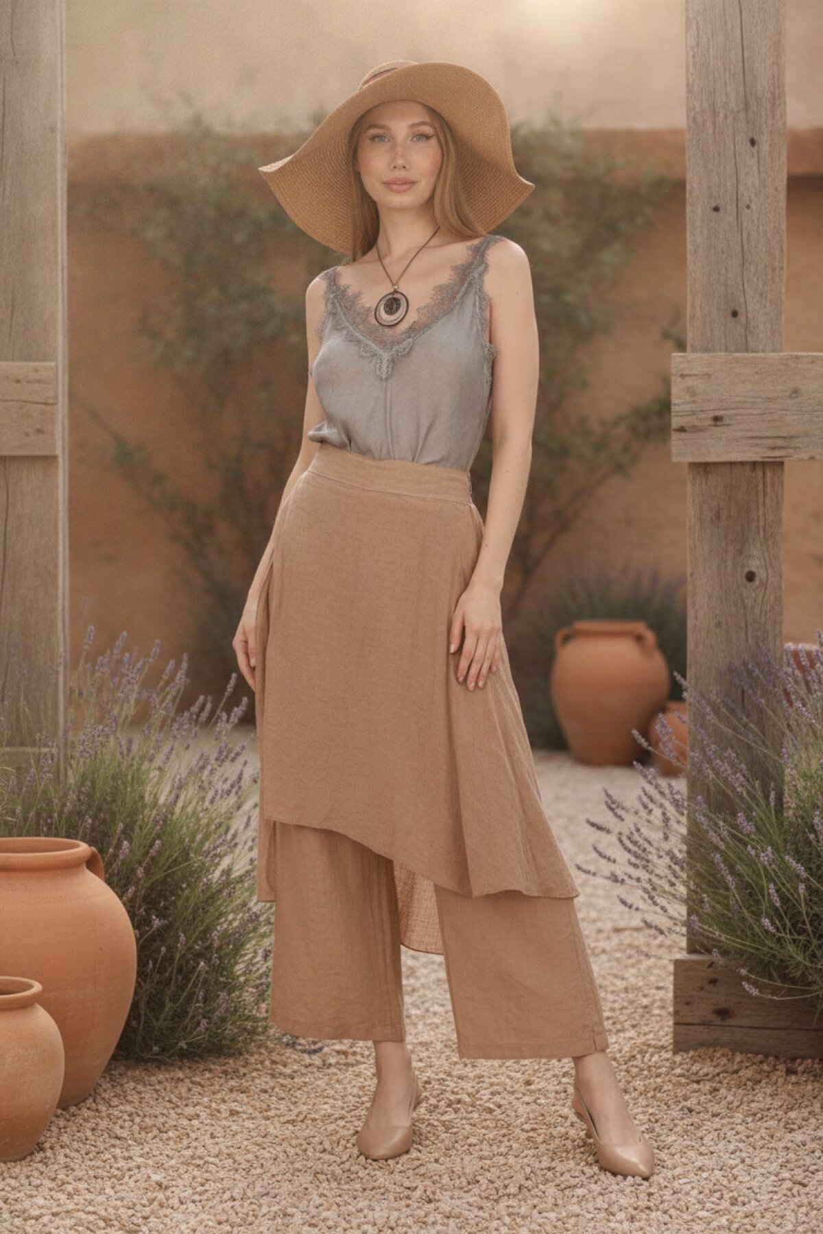 Camel İtalyan Ham Keten Pantolon Etek - Bohem Stil