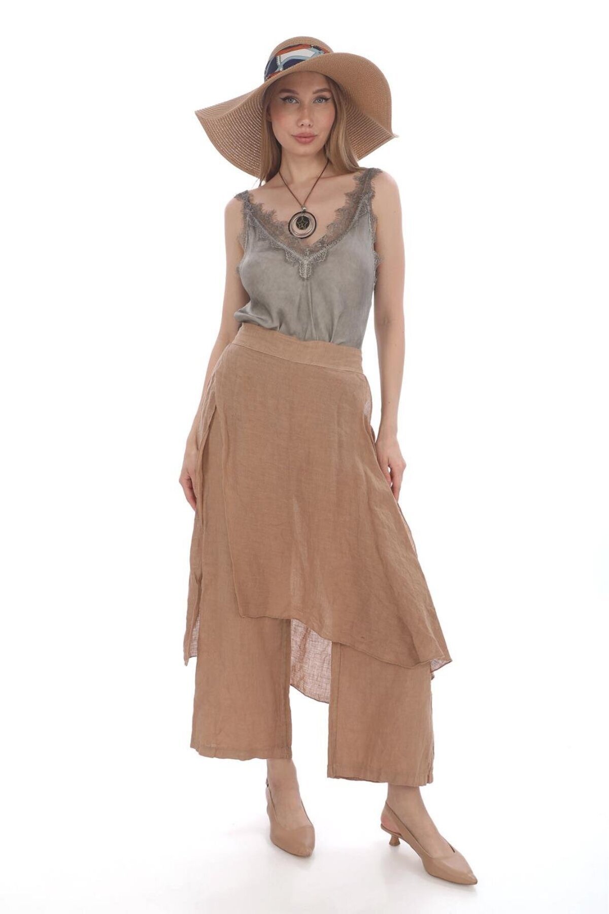 Camel İtalyan Ham Keten Pantolon Etek - Bohem Stil