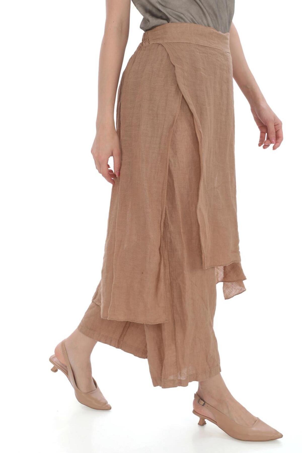 Camel İtalyan Ham Keten Pantolon Etek - Bohem Stil