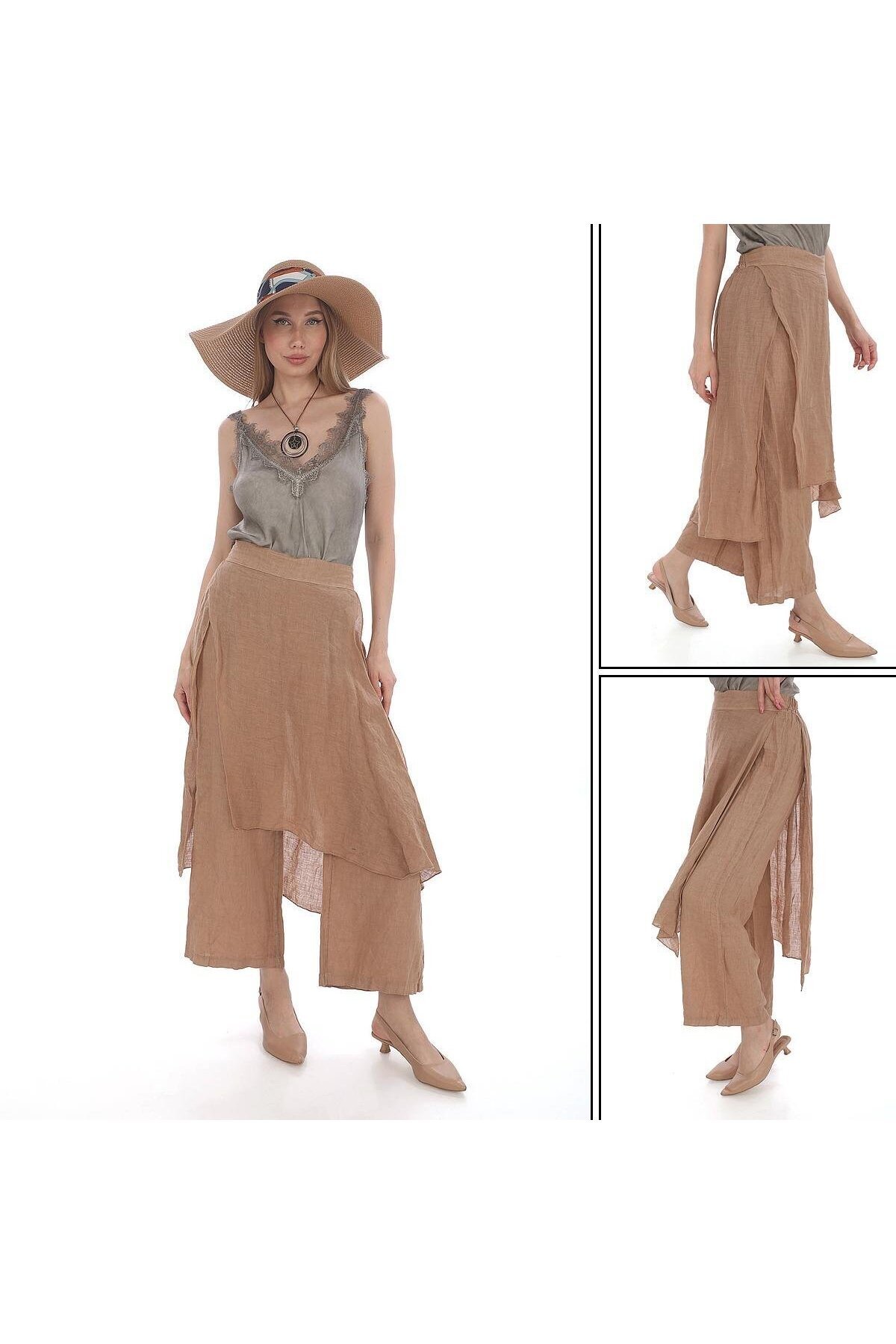 Camel İtalyan Ham Keten Pantolon Etek - Bohem Stil