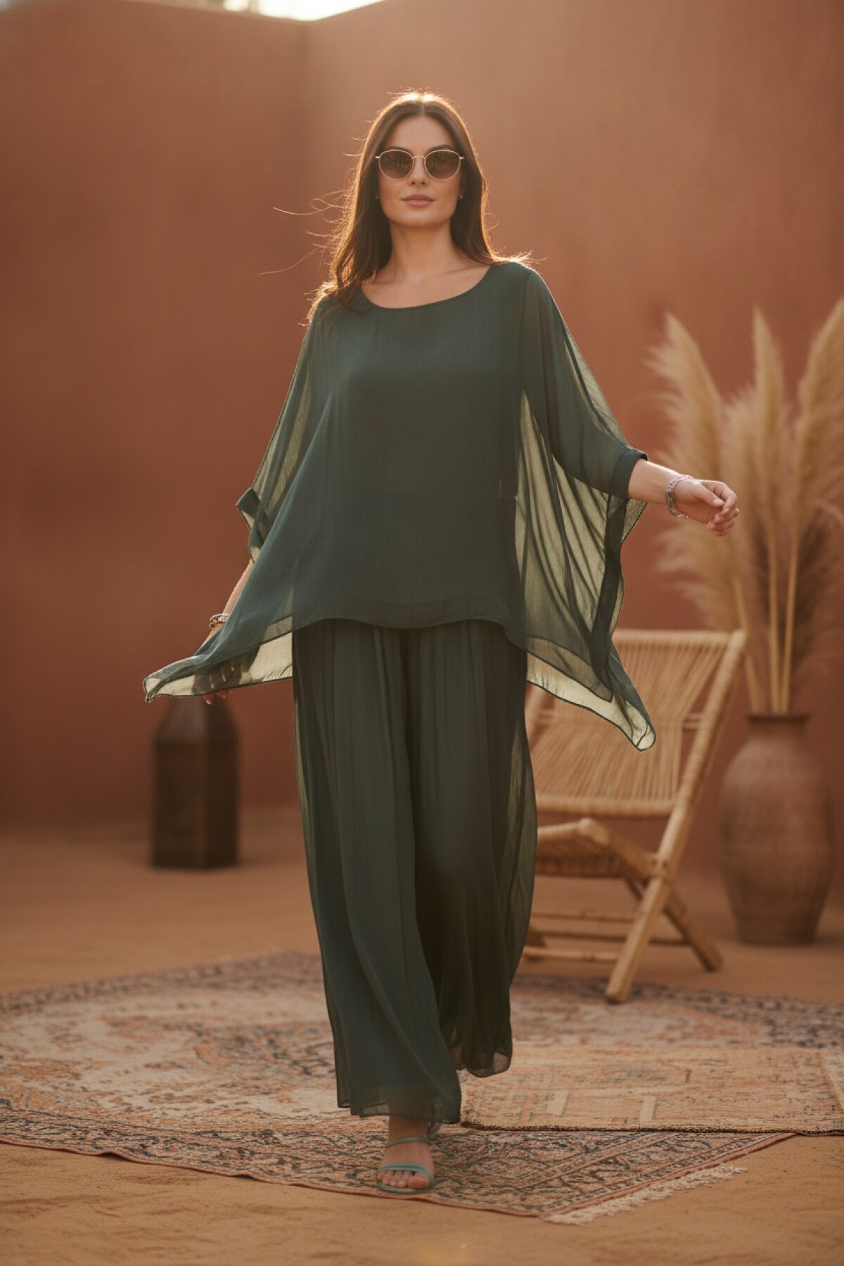 بناطيل خاكي غامق بخصر إيطالي وبطانة حرير ية - Bohem Stil