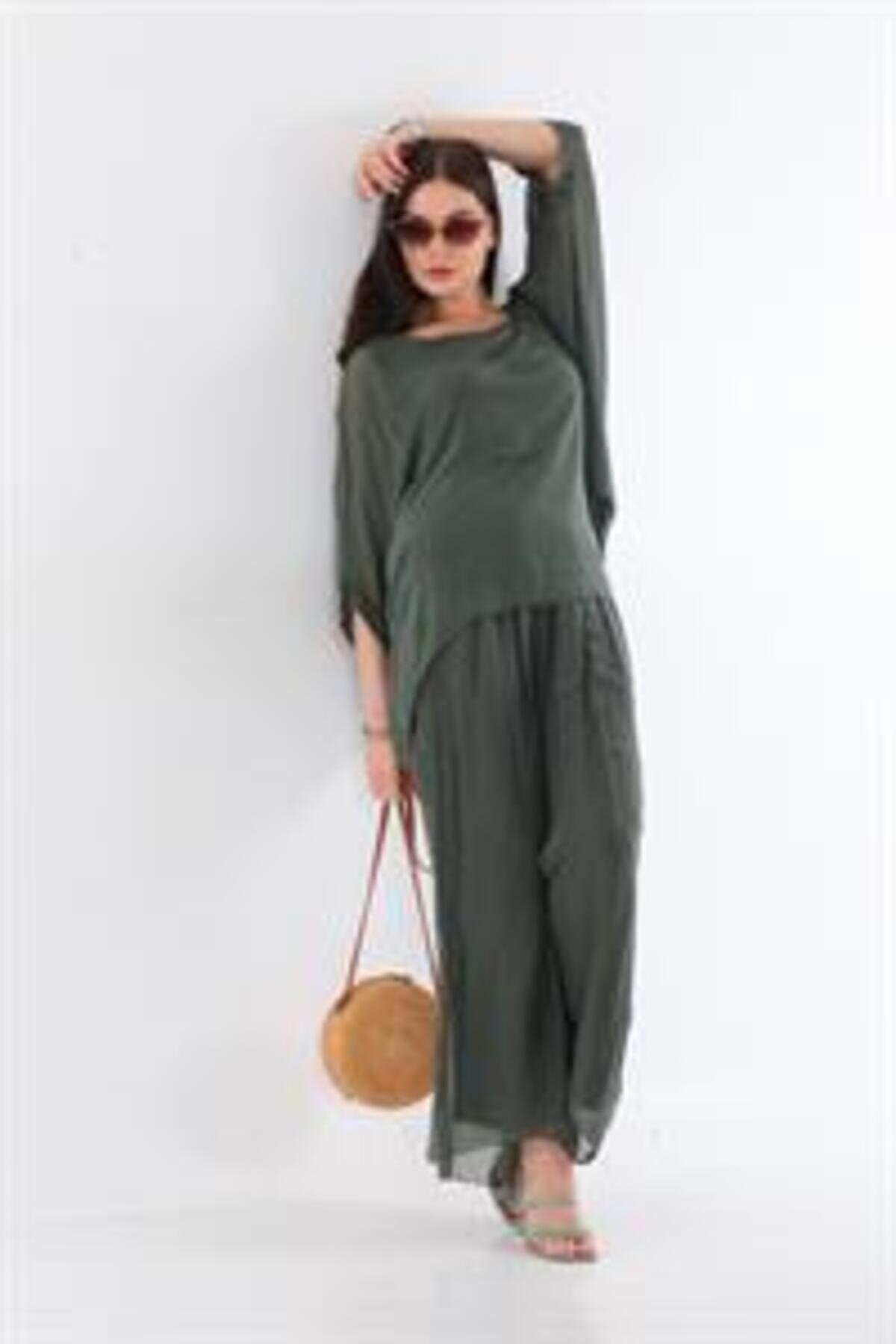بناطيل خاكي غامق بخصر إيطالي وبطانة حريرية - Bohem Stil