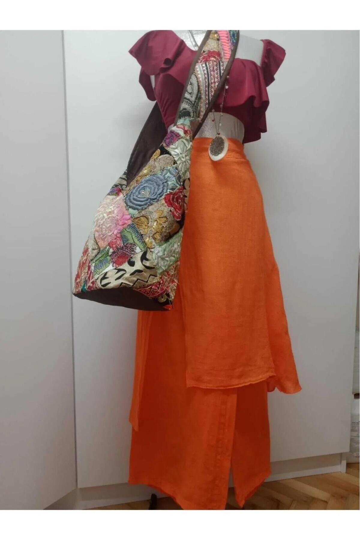 Oranj İtalyan Ham Keten Pantolon Etek - Bohem Stil