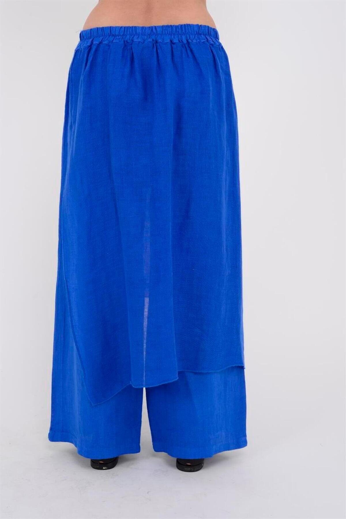 Saks Mavisi İtalyan Ham Keten Pantolon Etek - Bohem Stil