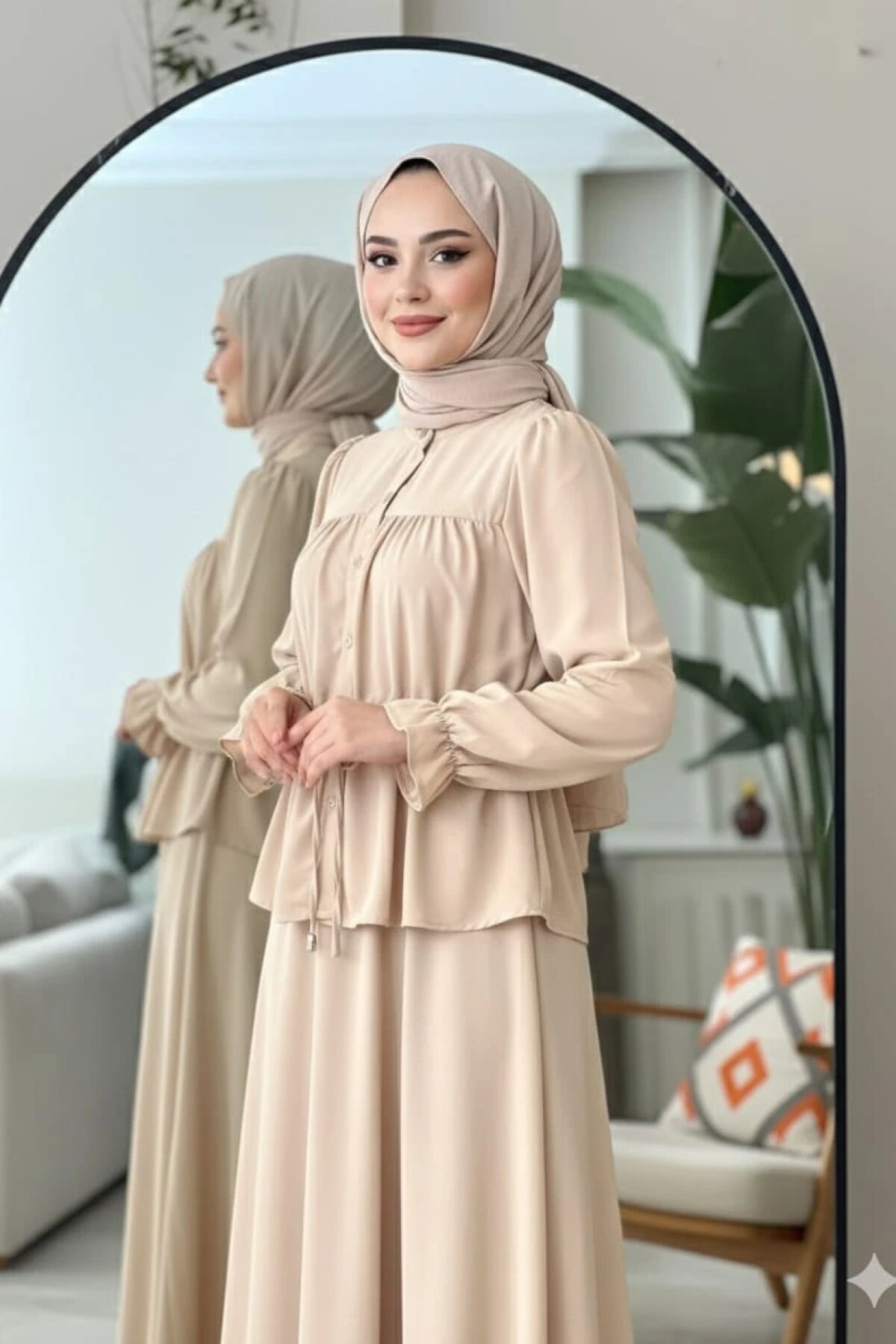 Bej Dubai Kumaş Etekli İkili Tesettür Takım - Dimar Butik
