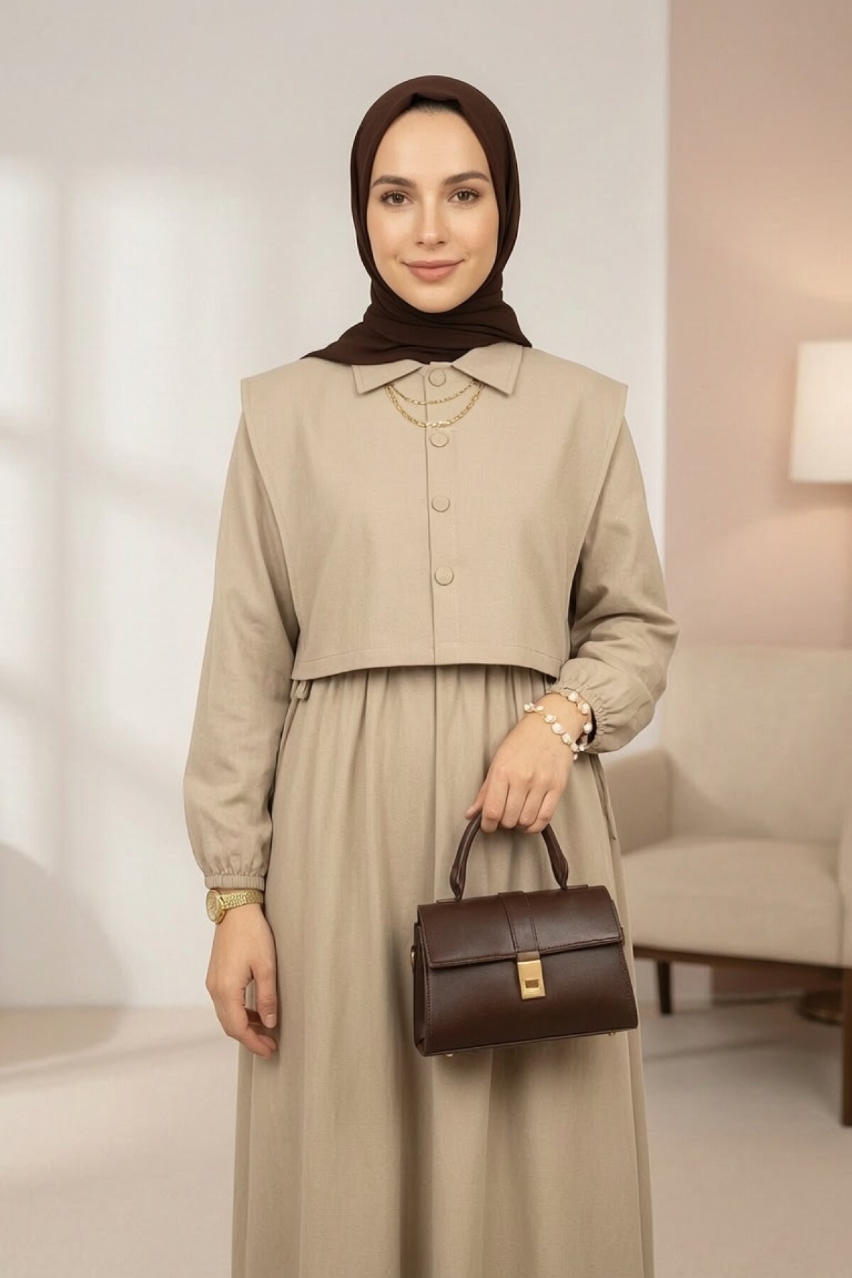 Bej Kat Detaylı Elbise - Dimar Butik