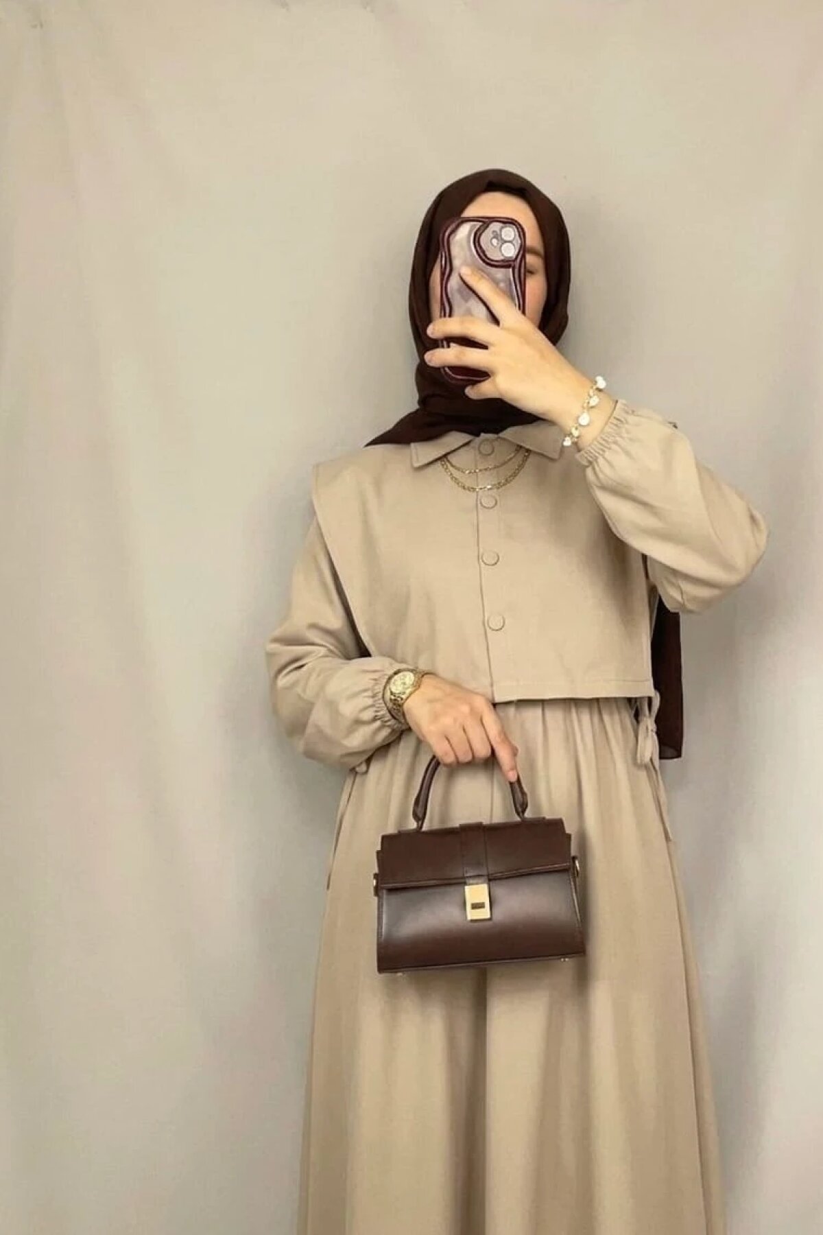 Bej Kat Detaylı Elbise - Dimar Butik