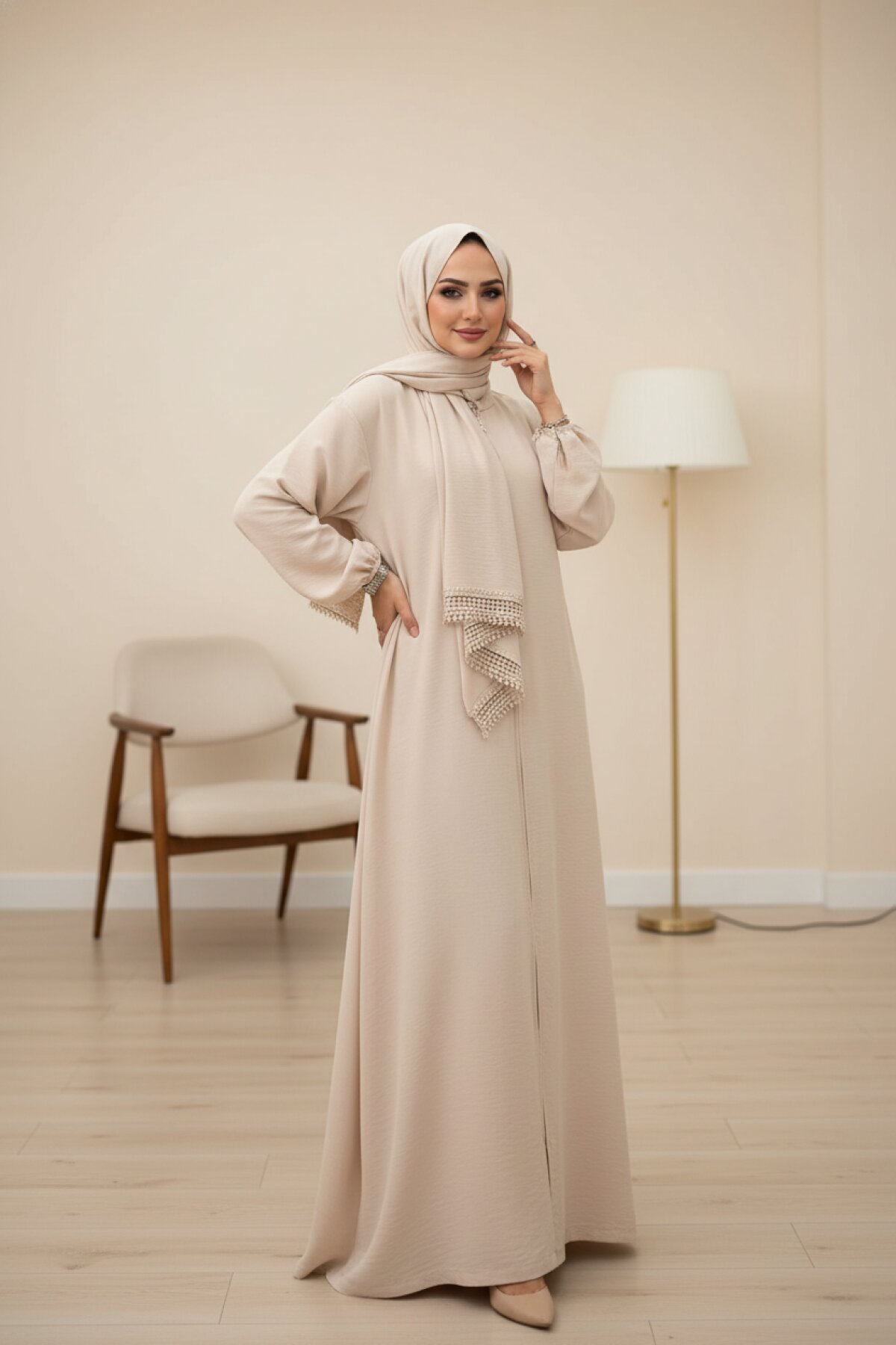 Beige Prayer Dress with Shawl - Dimar Butik