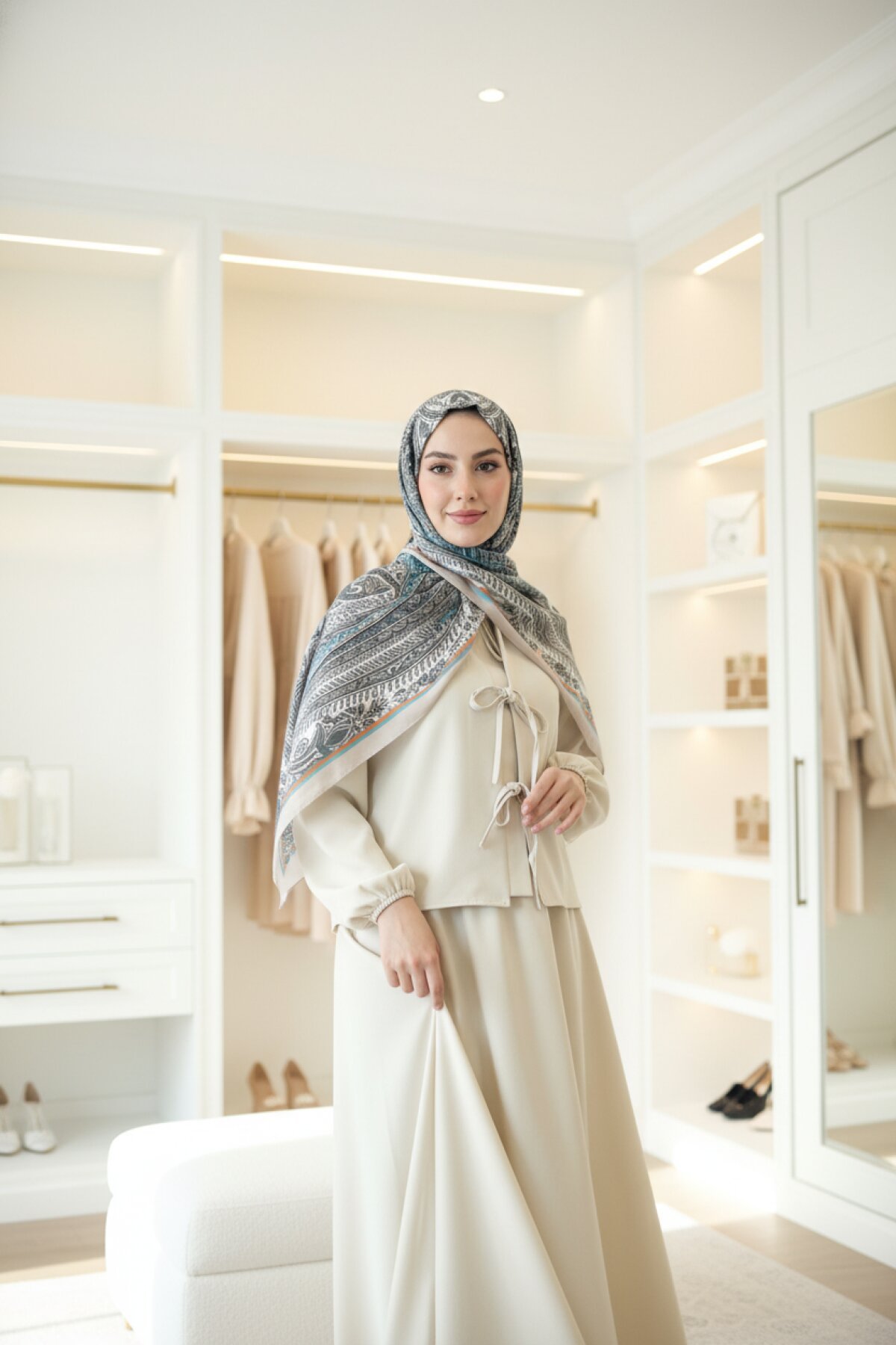 Two-Piece Rope-Detail Skirt Set - Beige and Emerald Green - Dimar Butik