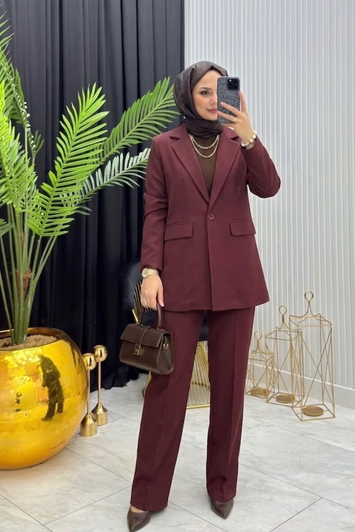 Two-Piece Jacket Set - Burgundy - Dimar Butik