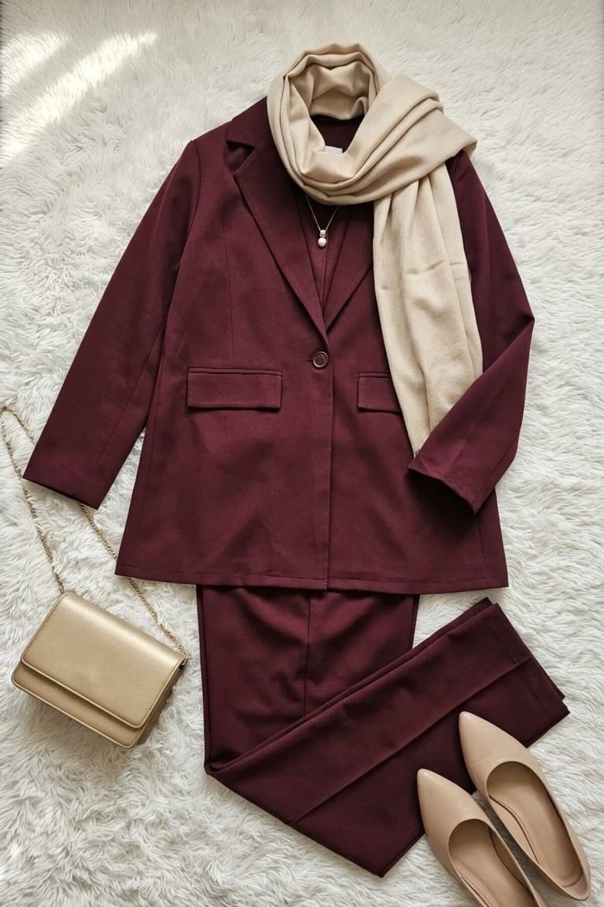 Two-Piece Jacket Set - Burgundy - Dimar Butik