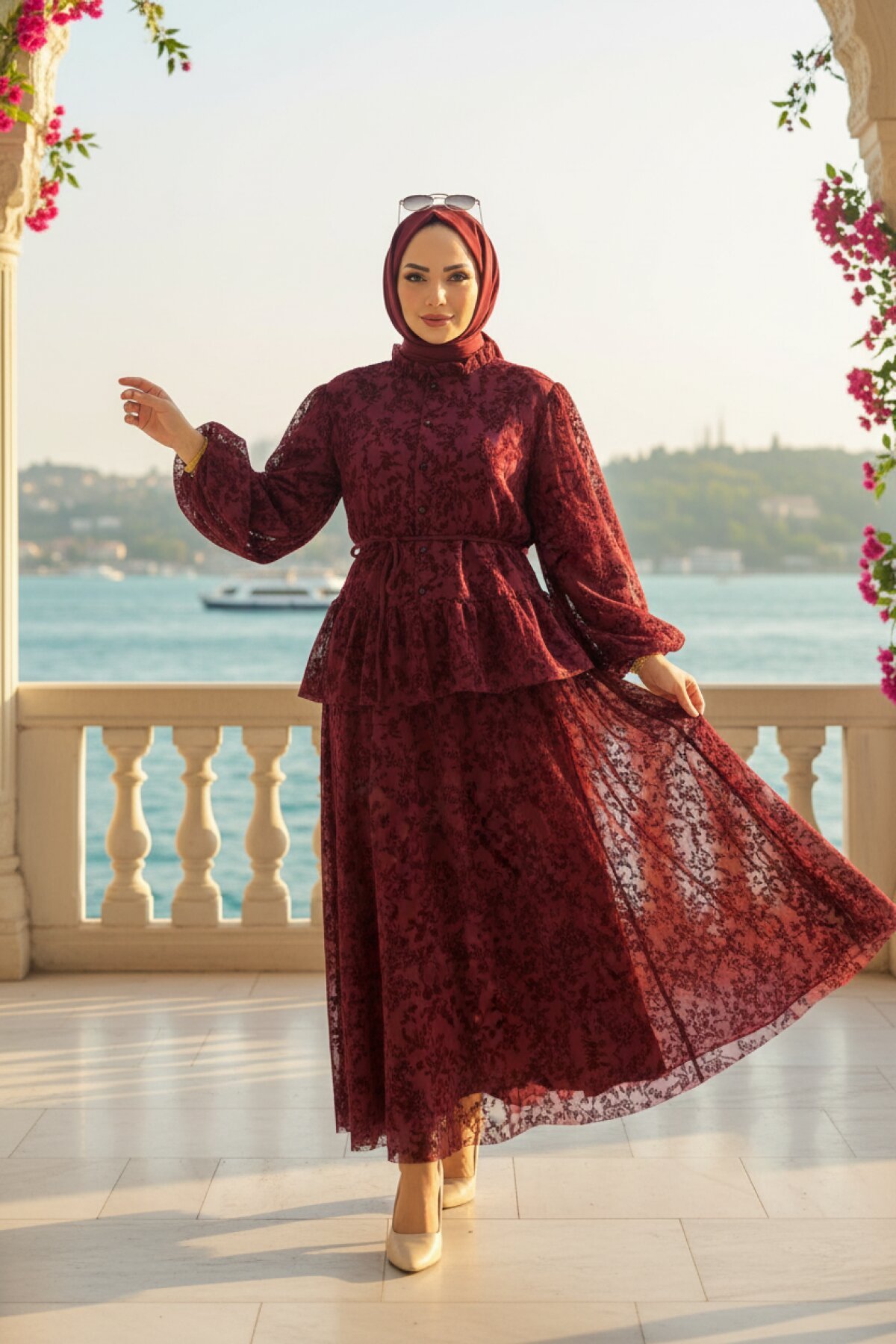 Bordo Zarif Dantel Detaylı Etekli İkili Tesettür Takım - Dimar Butik