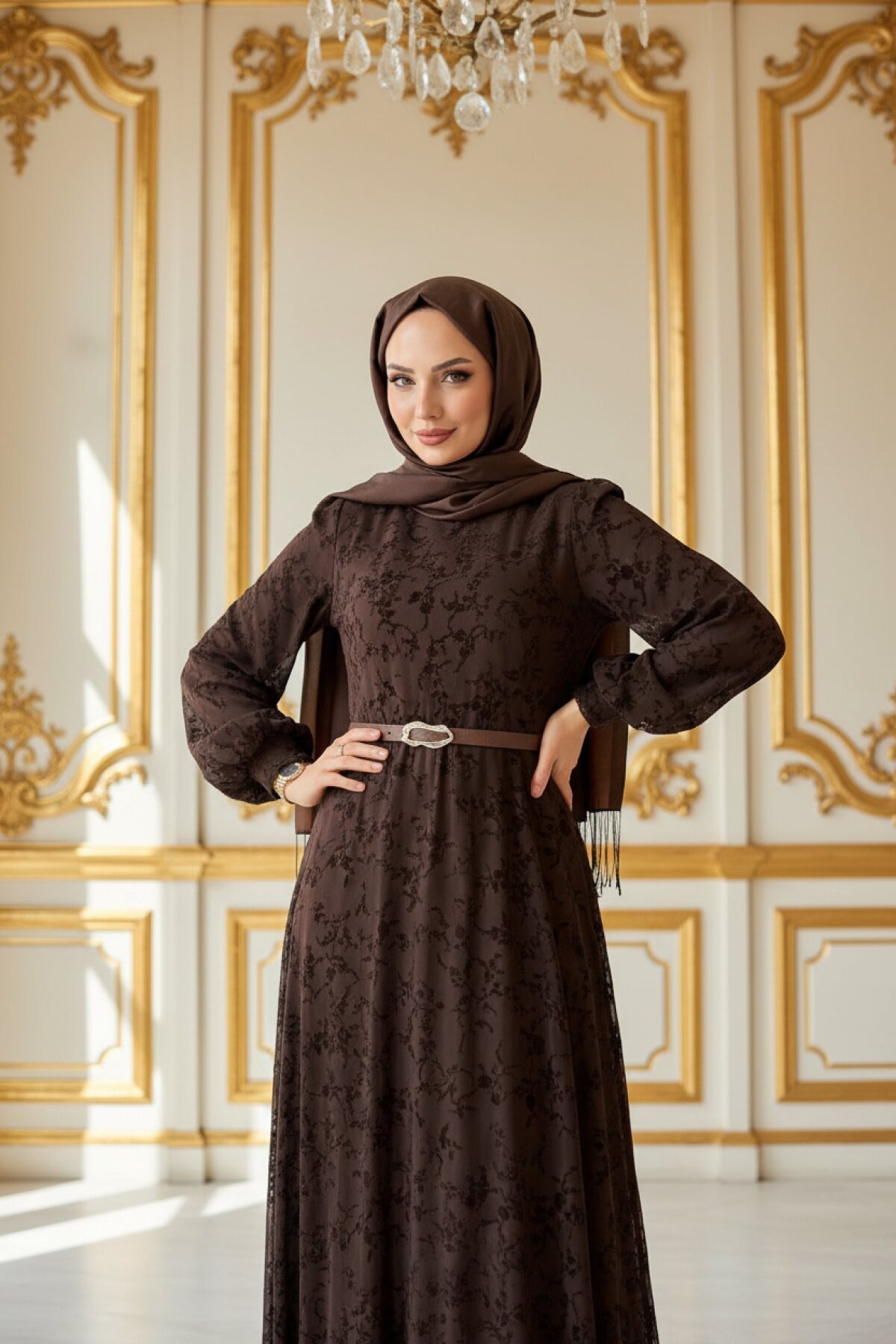 Kahverengi Uzun Dantel Detaylı Kemerli Abiye Elbise - Dimar Butik