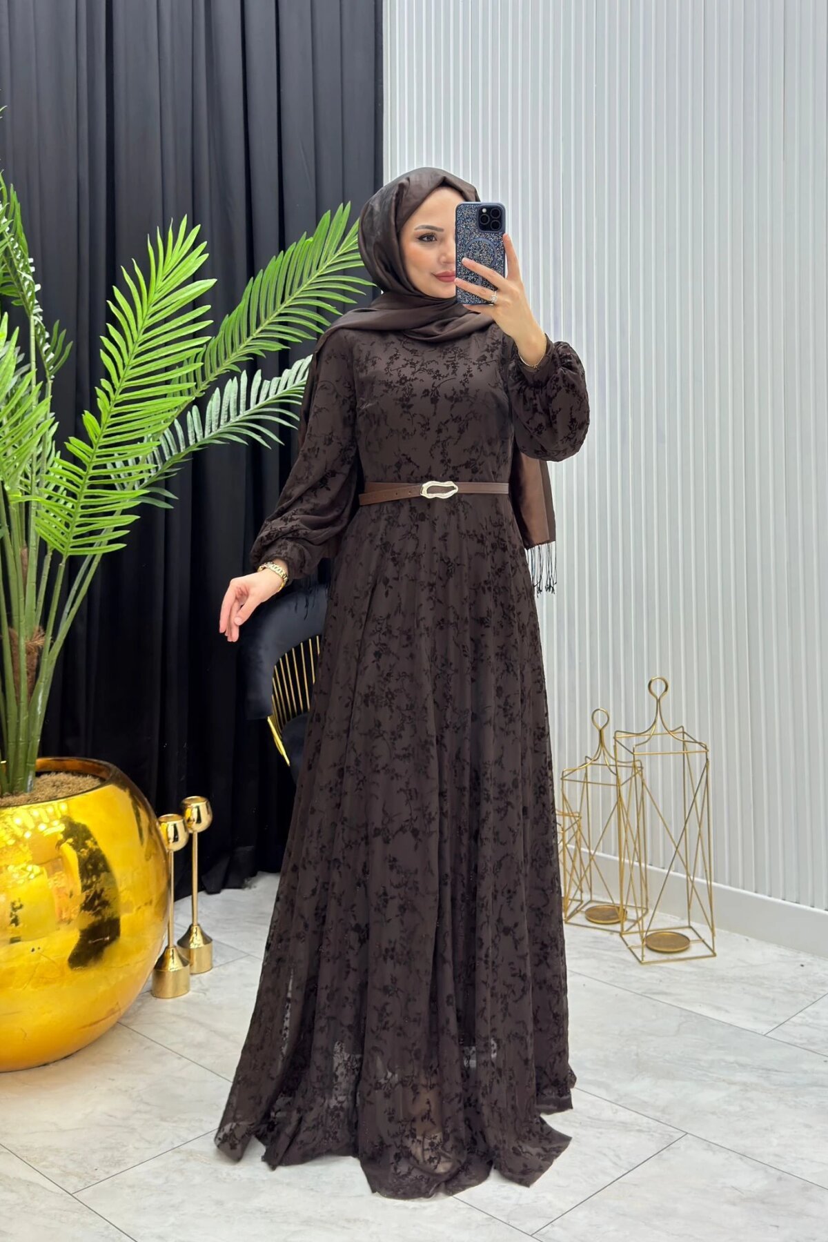 Kahverengi Uzun Dantel Detaylı Kemerli Abiye Elbise - Dimar Butik