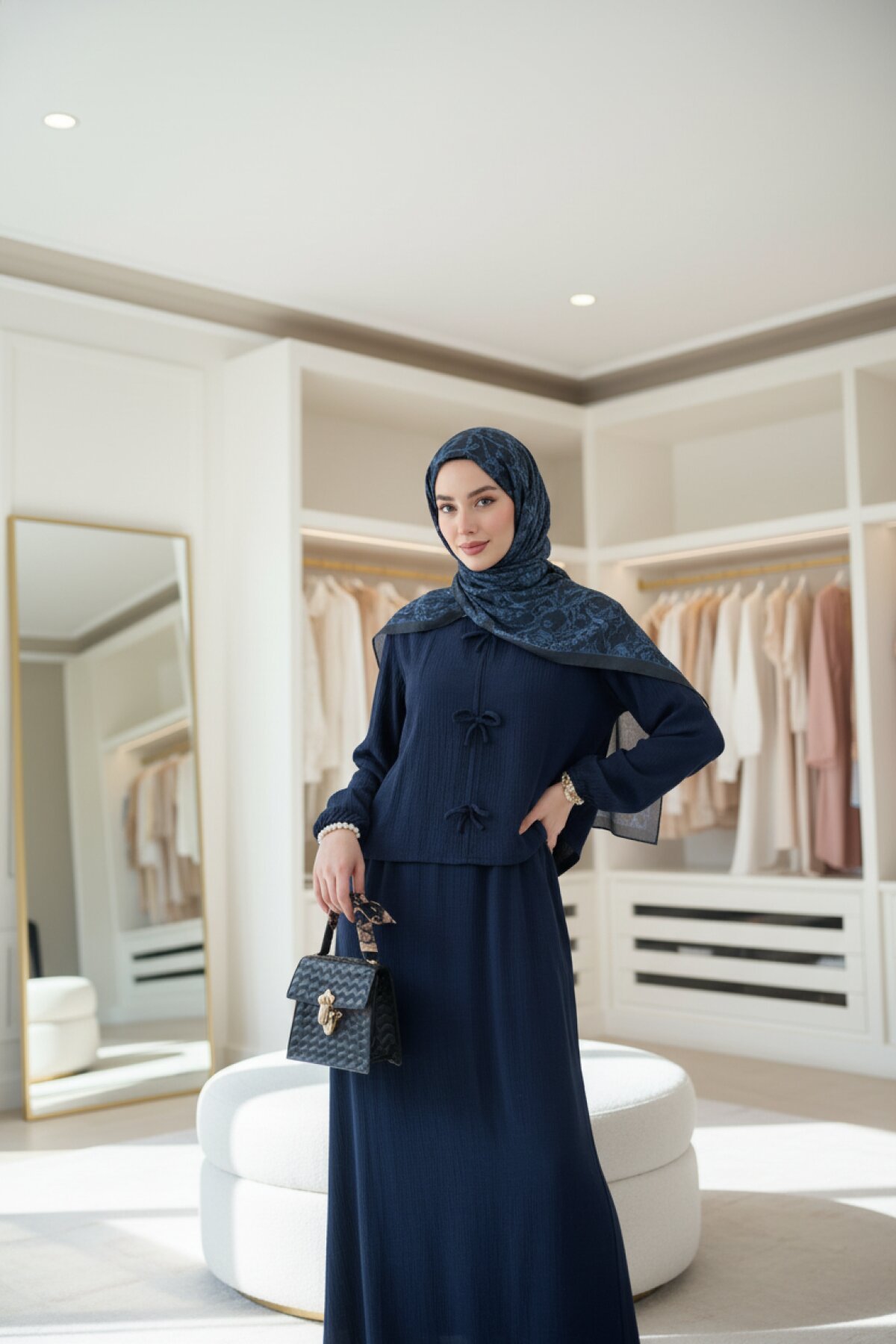 طقم قطعتين كحلي بتفاصيل فيونكة - Dimar Butik