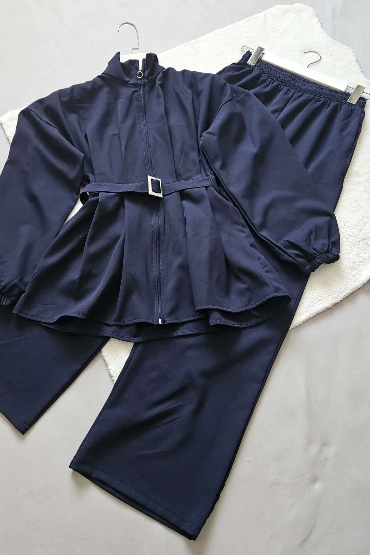Zipped Belt-Detail Two-Piece Set - Navy Blue - Dimar Butik