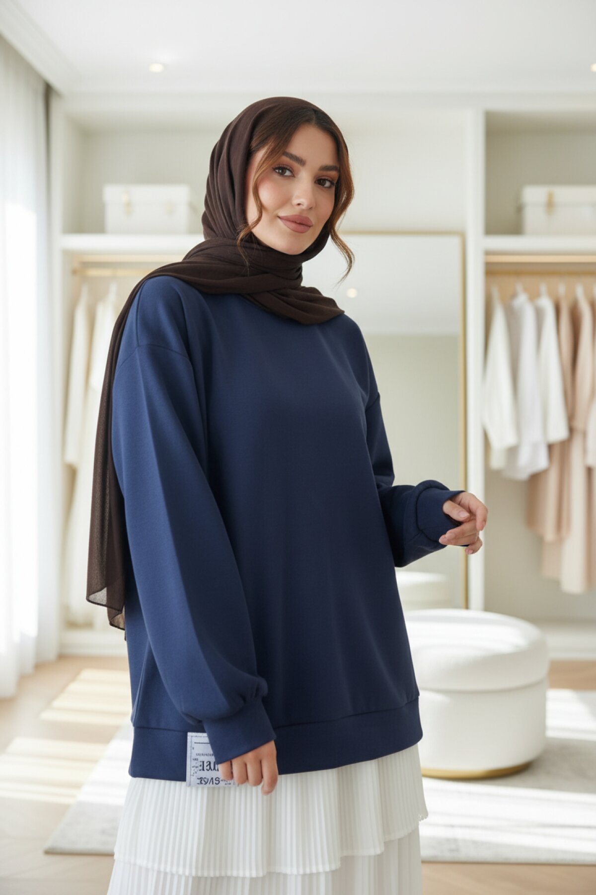 Pleated Skirt Detail Crested Tunic - Navy Blue - Dimar Butik