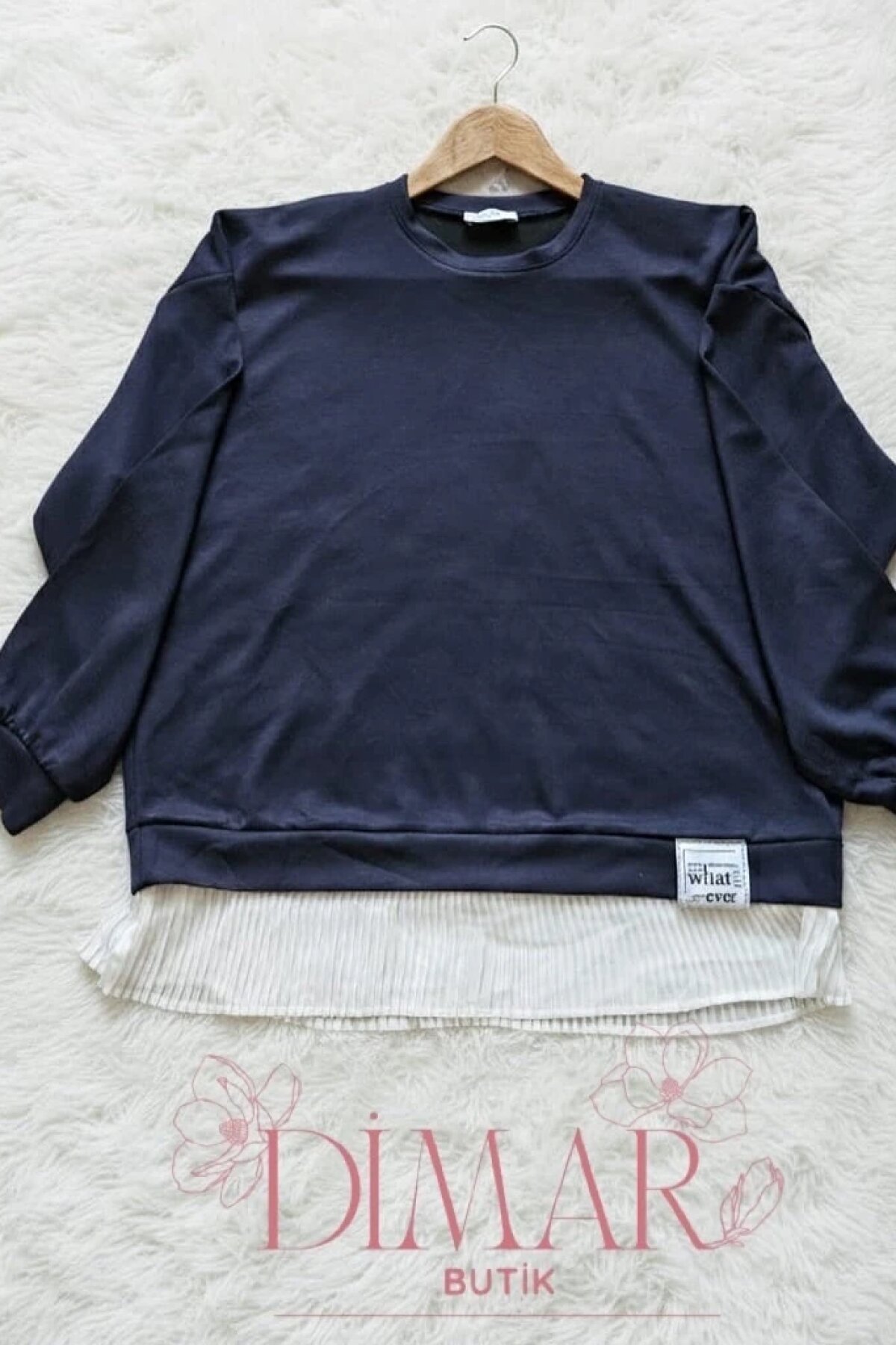 Pleated Skirt Detail Crested Tunic - Navy Blue - Dimar Butik