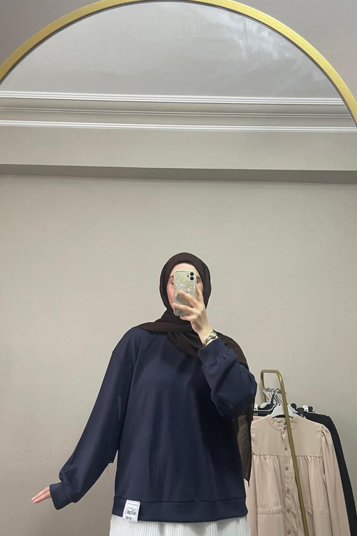 Pleated Skirt Detail Crested Tunic - Navy Blue - Dimar Butik