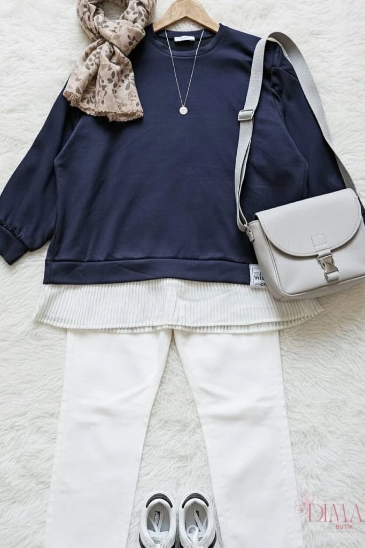 Pleated Skirt Detail Crested Tunic - Navy Blue - Dimar Butik