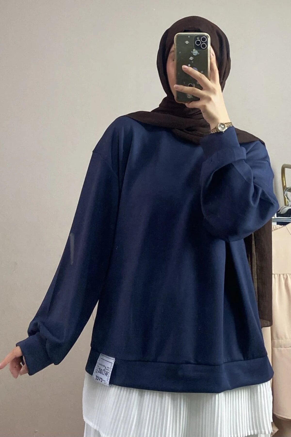 Pleated Skirt Detail Crested Tunic - Navy Blue - Dimar Butik