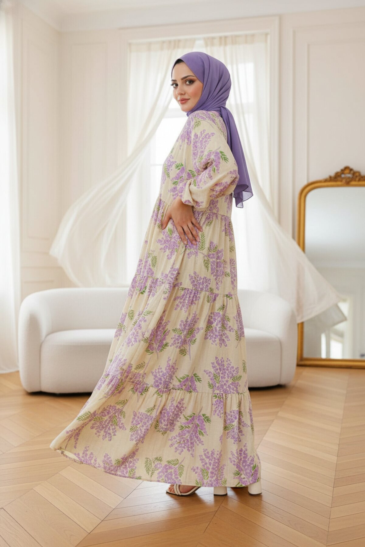 Lila Lavinya Desenli Modal Mango Elbise - Dimar Butik