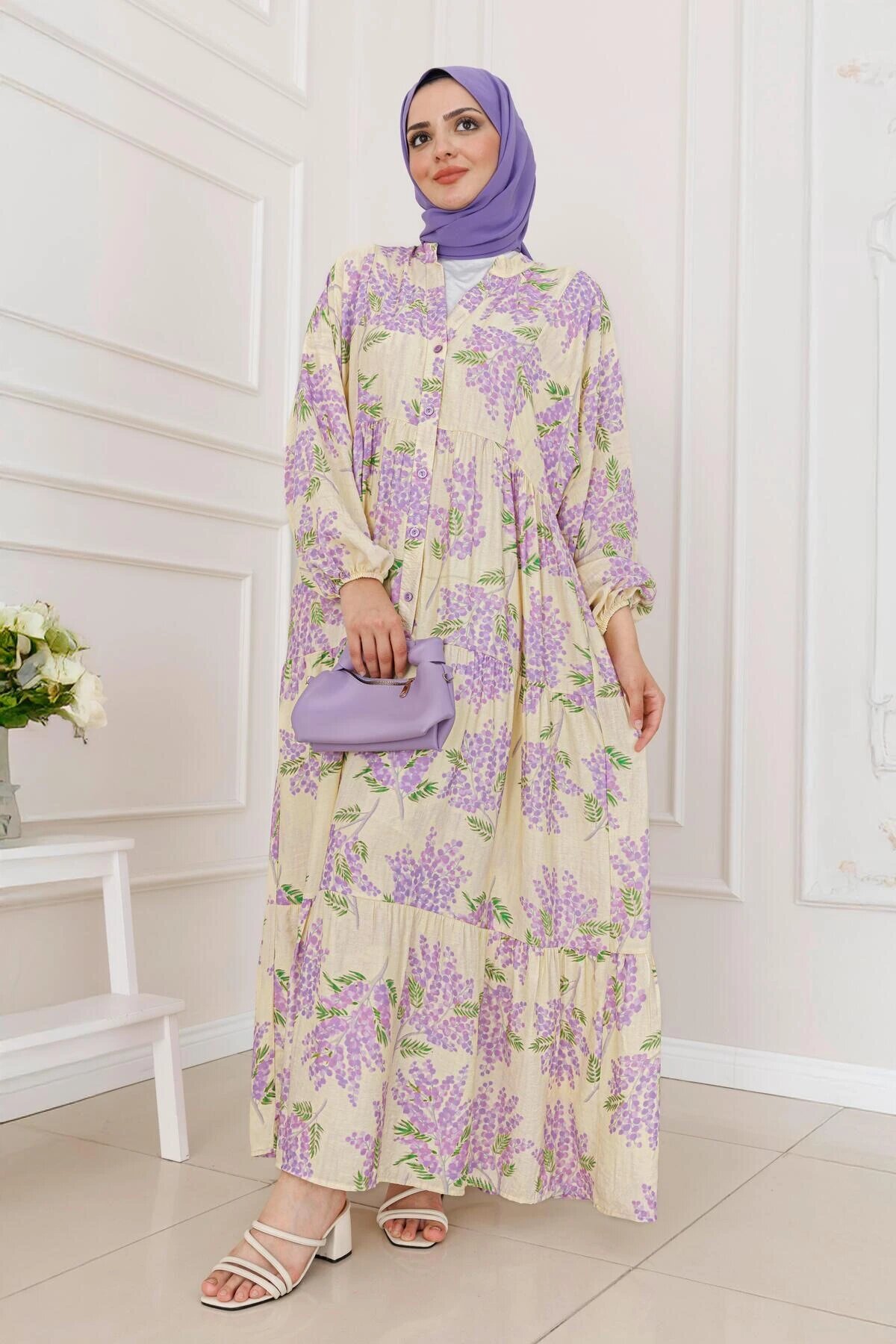 Lila Lavinya Desenli Modal Mango Elbise - Dimar Butik