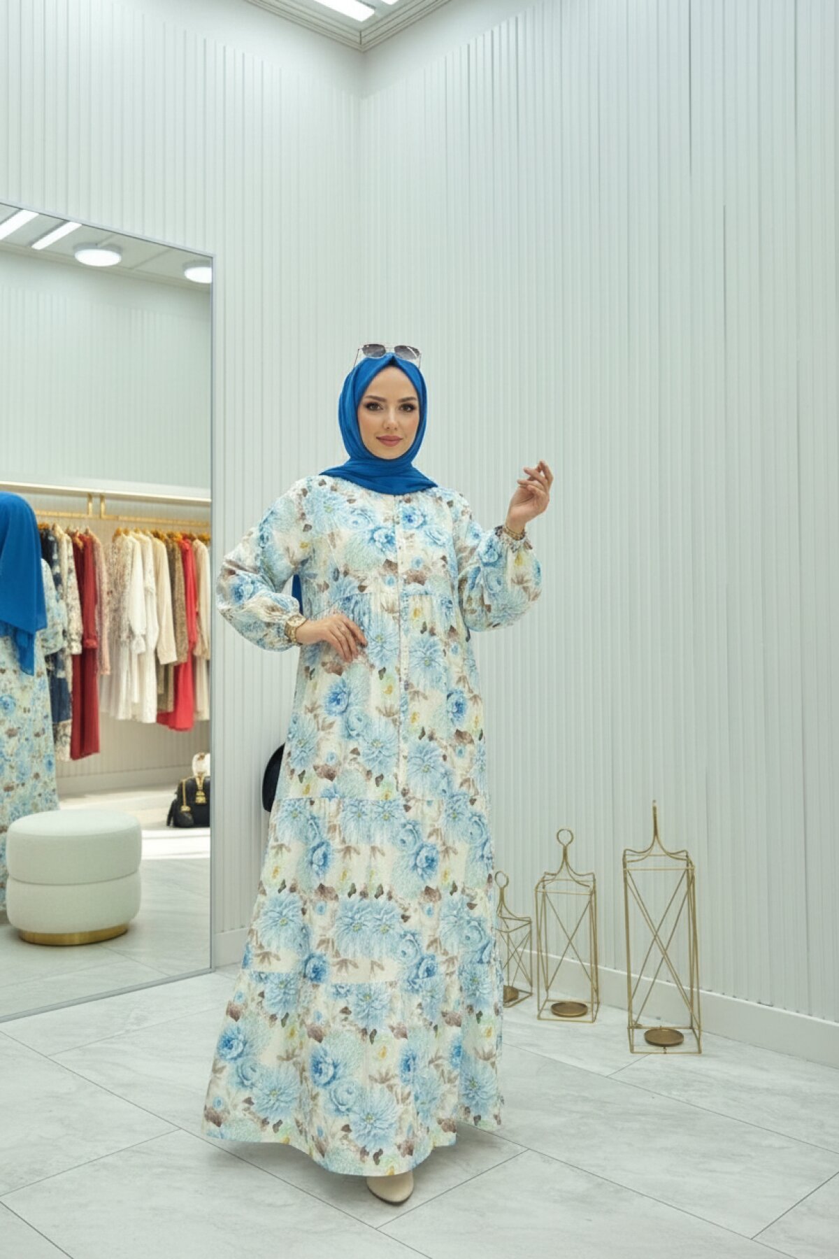 Mavi Çiçek Desenli Yazlık İnce Kumaş Elbise - Dimar Butik