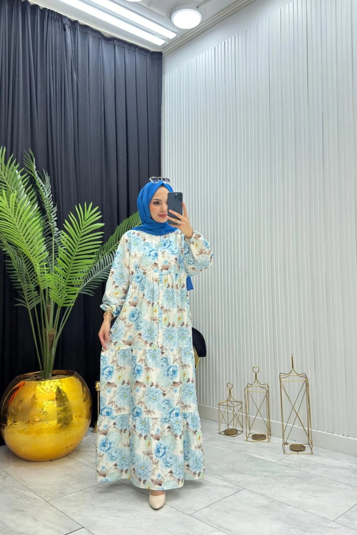 Mavi Çiçek Desenli Yazlık İnce Kumaş Elbise - Dimar Butik