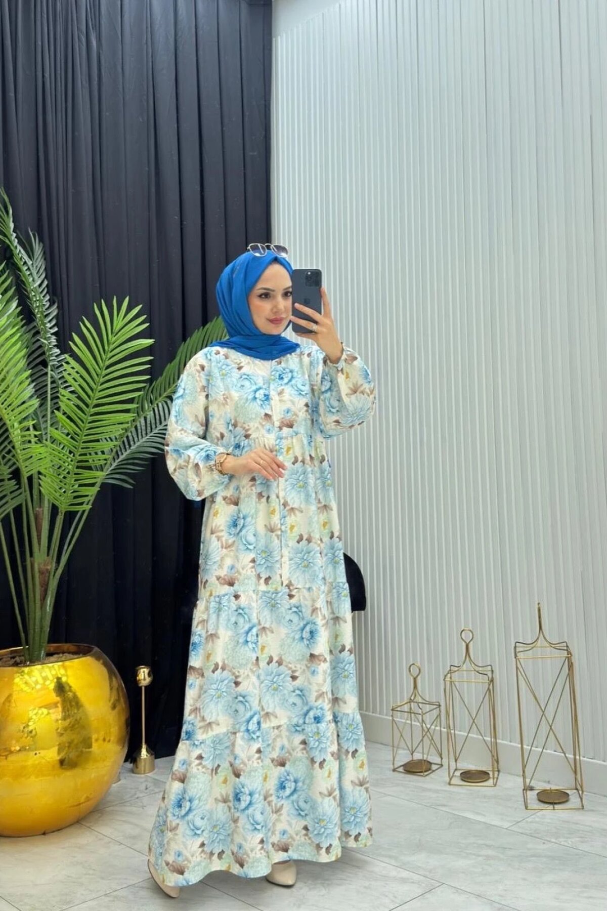 Mavi Çiçek Desenli Yazlık İnce Kumaş Elbise - Dimar Butik