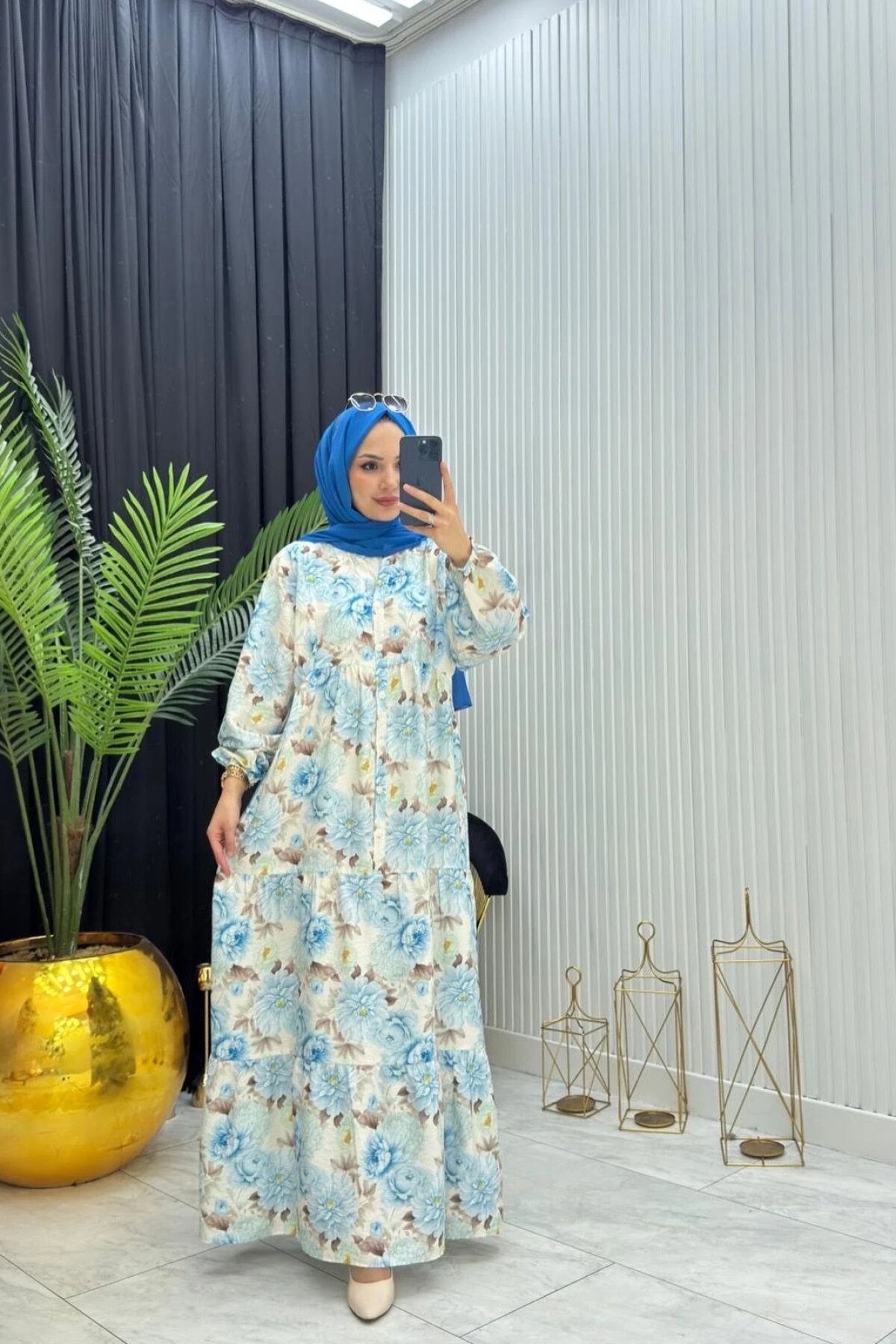 Mavi Çiçek Desenli Yazlık İnce Kumaş Elbise - Dimar Butik