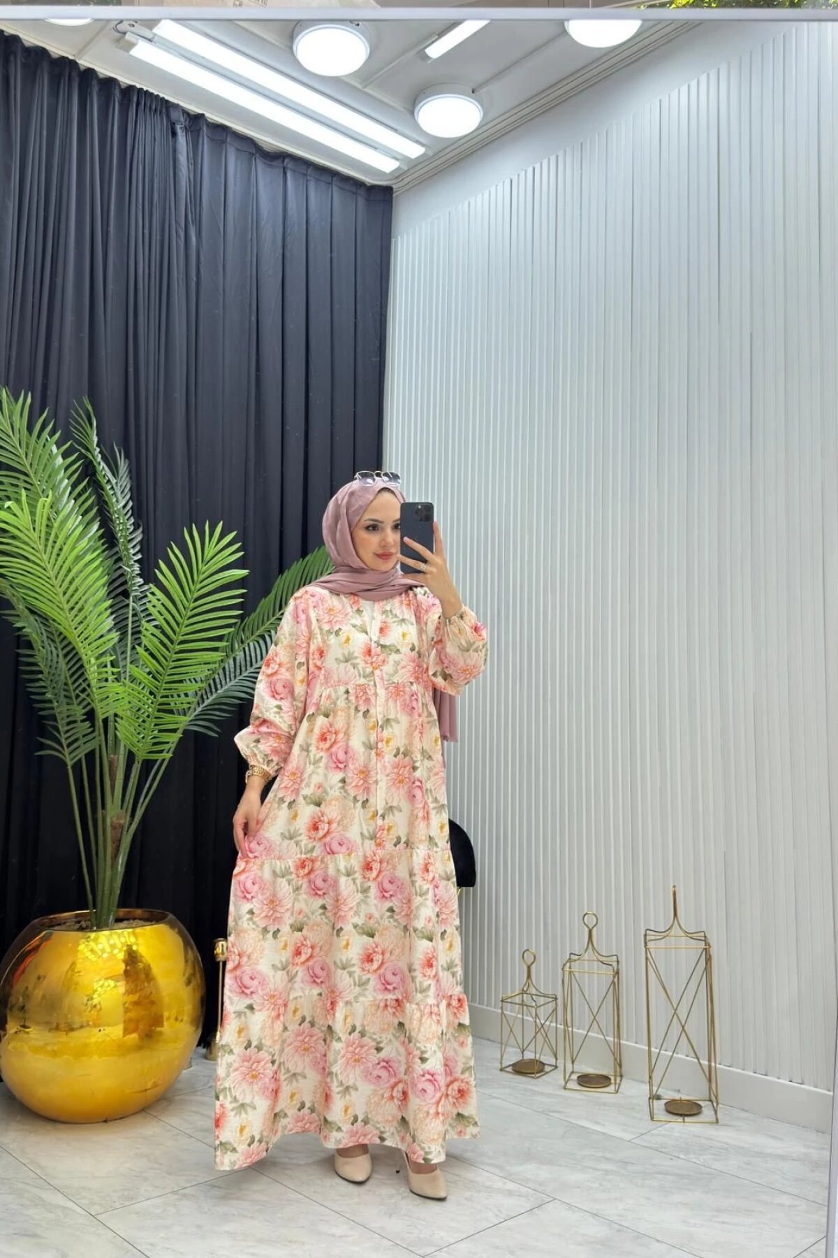 Pudra Çiçek Desenli Rahat Kalıp İnce Yazlık Elbise - Dimar Butik