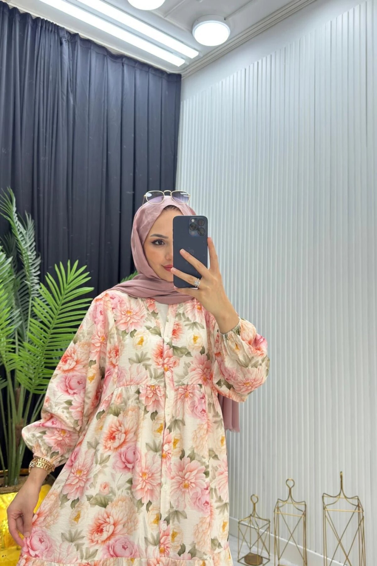 Pudra Çiçek Desenli Rahat Kalıp İnce Yazlık Elbise - Dimar Butik