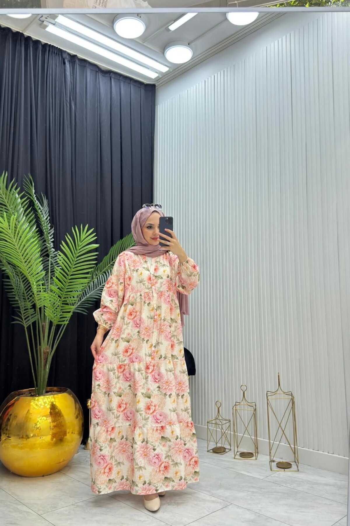 Pudra Çiçek Desenli Rahat Kalıp İnce Yazlık Elbise - Dimar Butik