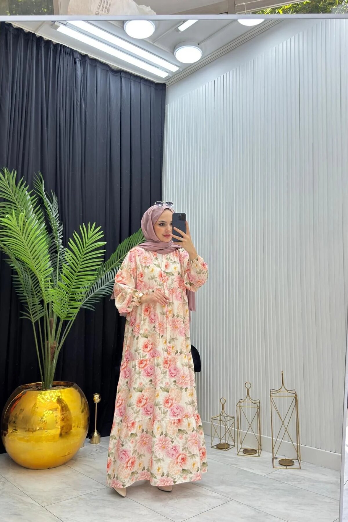 Pudra Çiçek Desenli Rahat Kalıp İnce Yazlık Elbise - Dimar Butik
