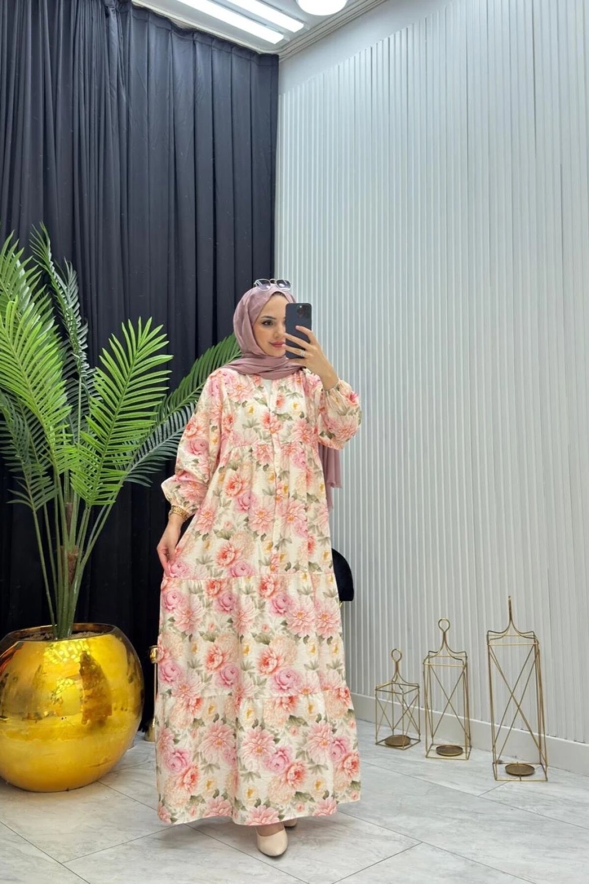 Pudra Çiçek Desenli Rahat Kalıp İnce Yazlık Elbise - Dimar Butik